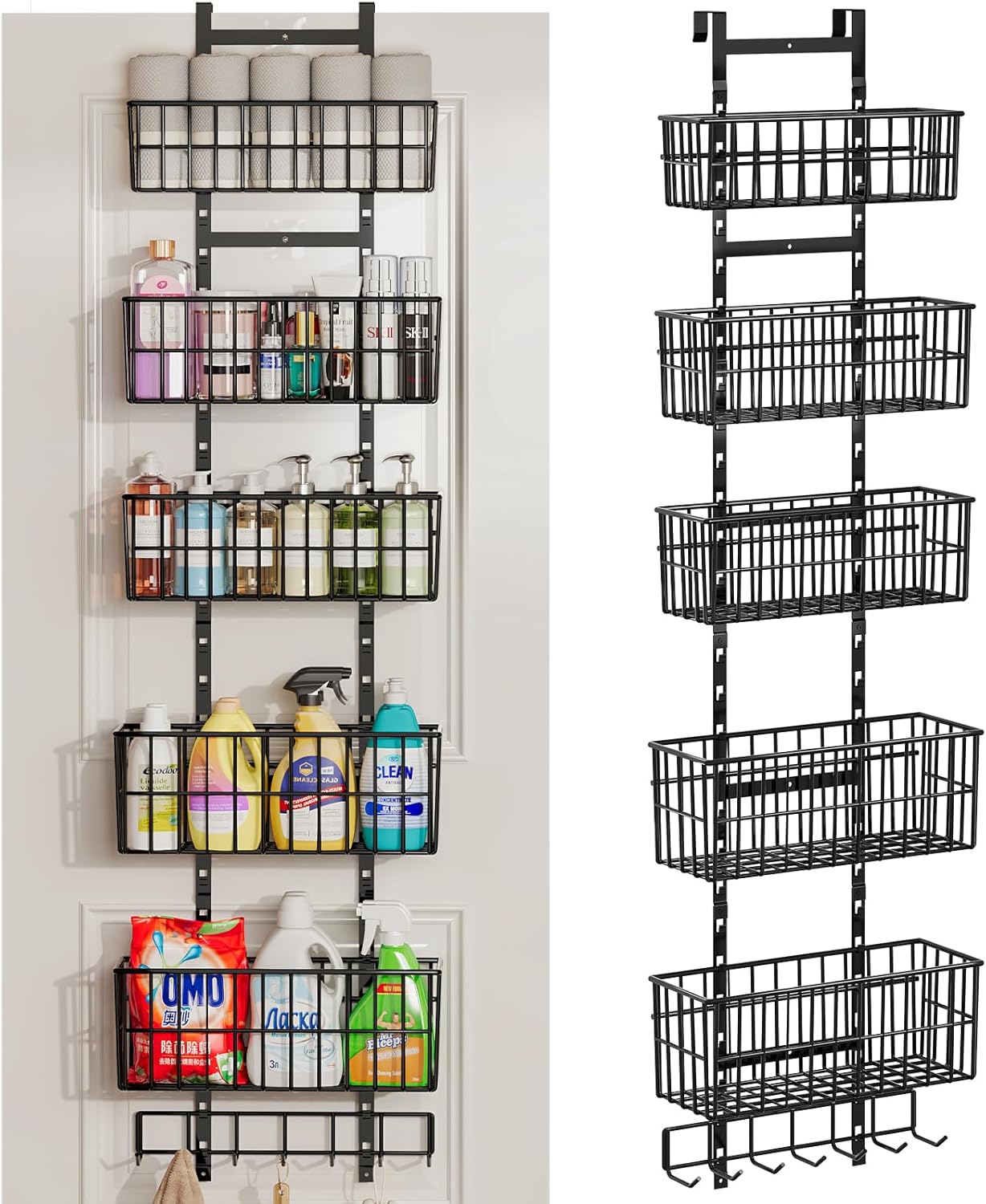 Adjustable Over The Door Organizer, Metal Hanging Door Organizer with 5 Wire Basket 7 Hooks