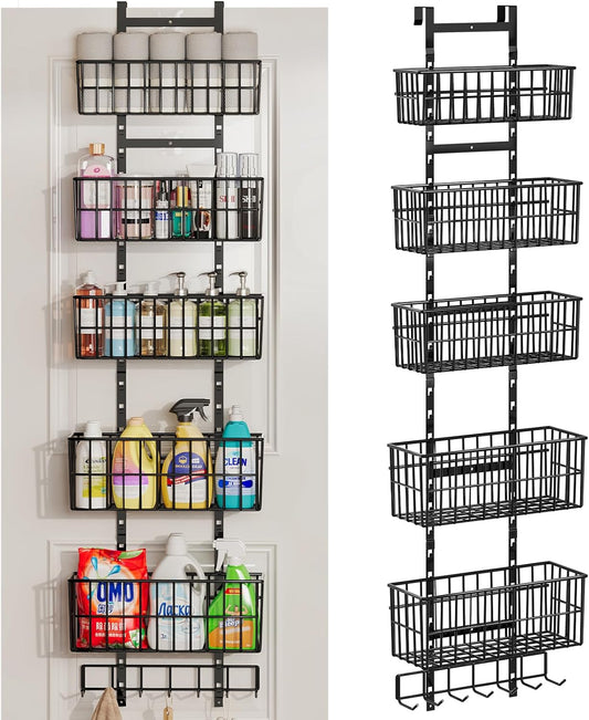 Adjustable Over The Door Organizer, Metal Hanging Door Organizer with 5 Wire Basket 7 Hooks