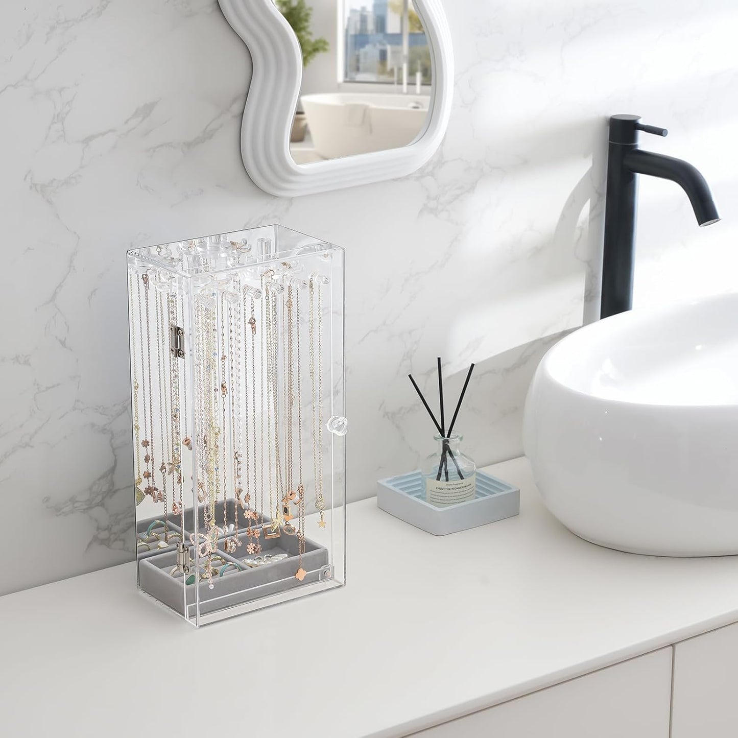 Acrylic Jewelry Organizer with 24 Hooks, Rotating Clear Necklaces Display Box with Built-in Mirror