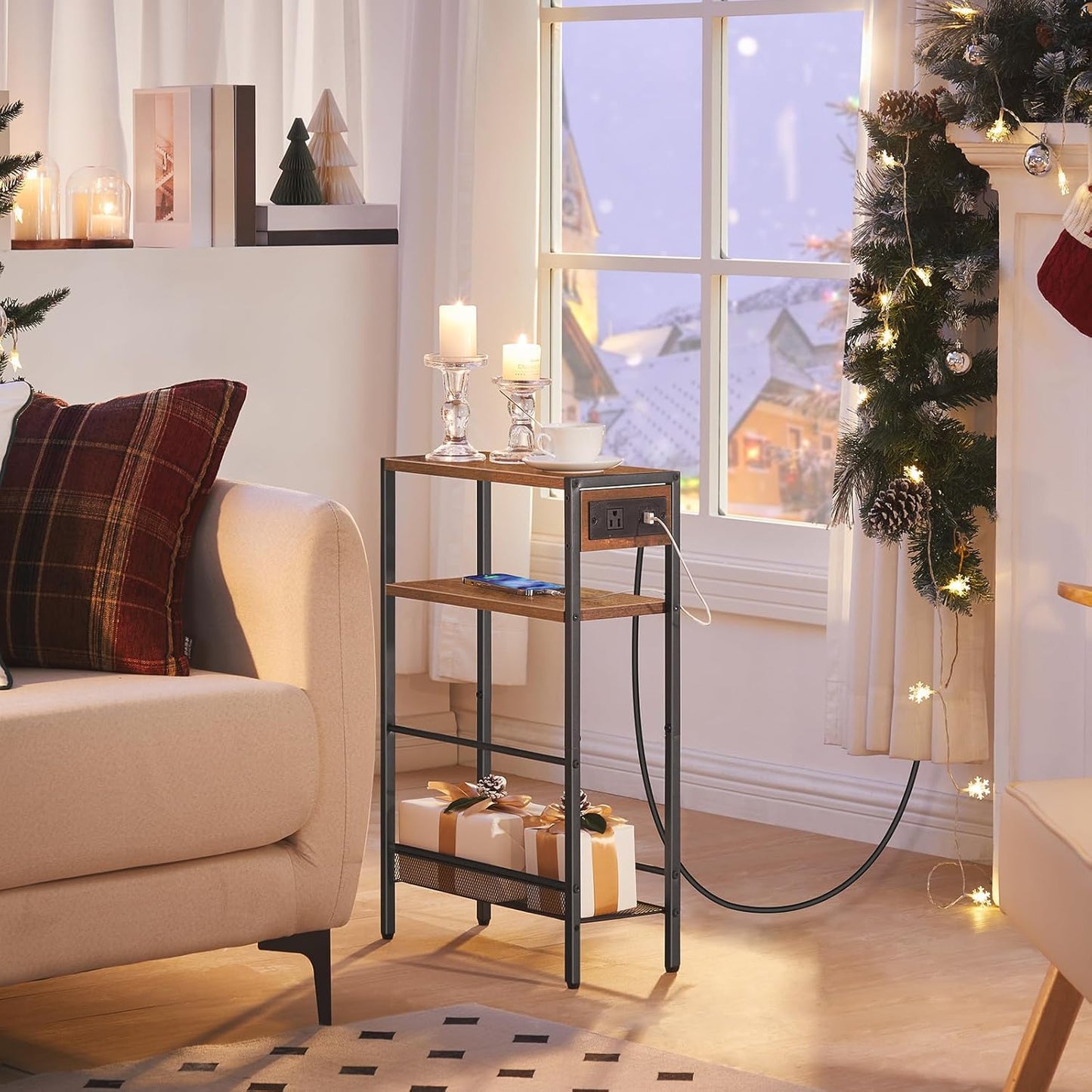 Small Narrow Side Table with Charging Station, Slim Nightstand with USB Ports Outlet
