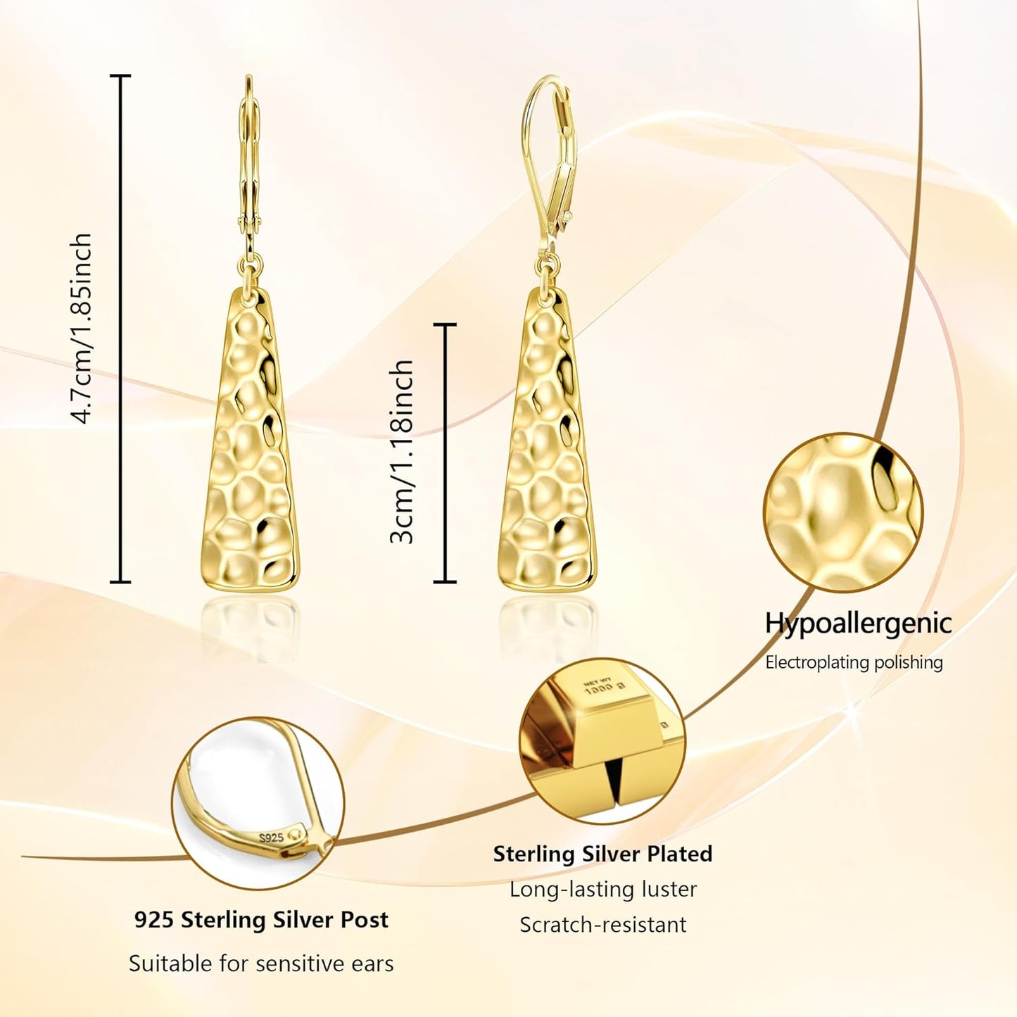 925 Sterling Silver Dangle Earrings for Women, 14K Gold Plated French Leverback Earrings, Hypoallergenic Lightweight Statement