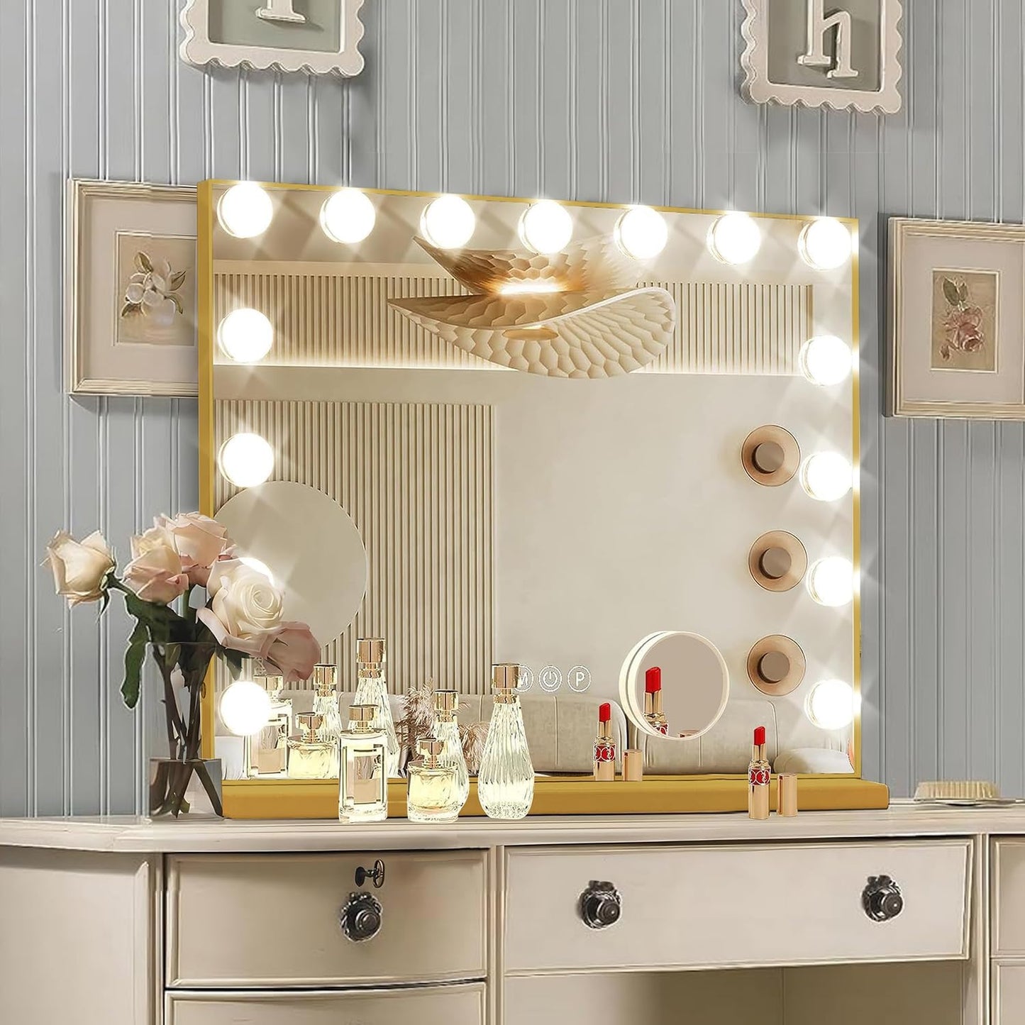 Vanity Mirror with Lights, 15 Dimmable Bulbs, 3 Color Lights,Make Up Lighted Mirror,  USB Charging Port