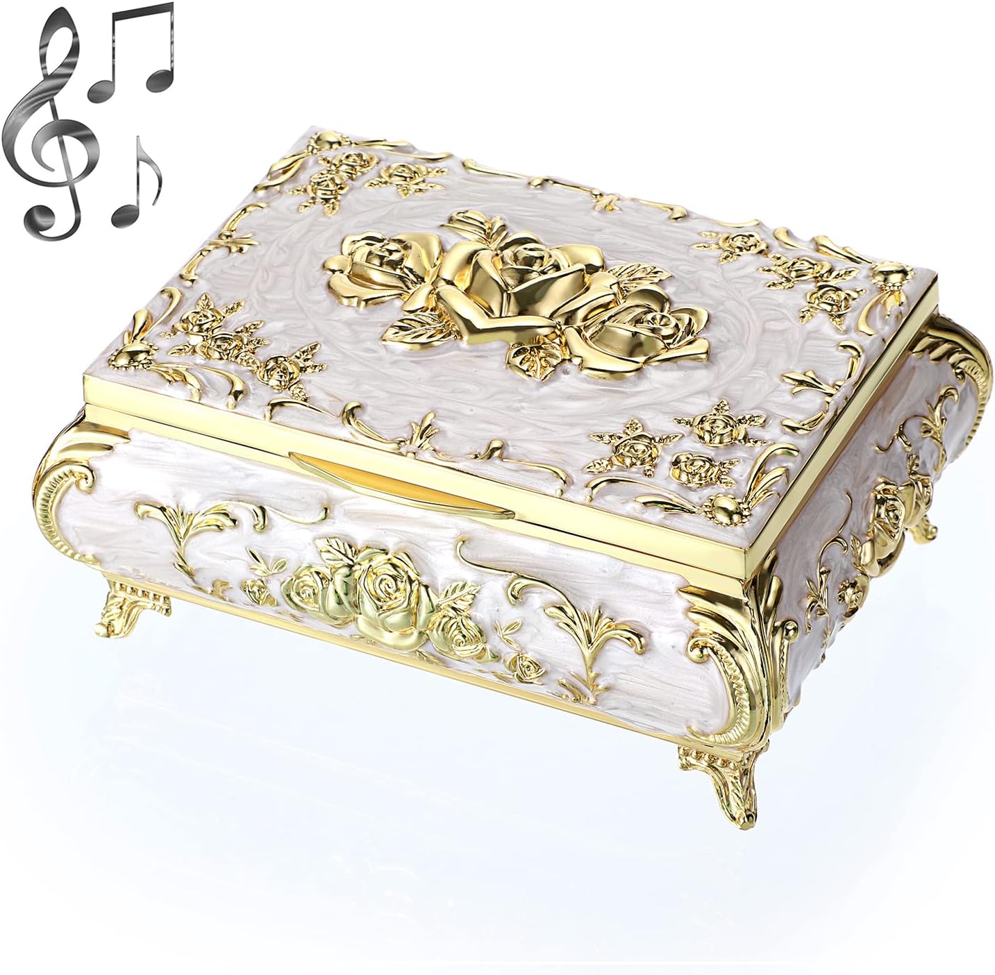 Vintage Music Box, Beige Metal Musical Jewelry Box Keepsake Box, Small Trinket Jewelry Storage Box