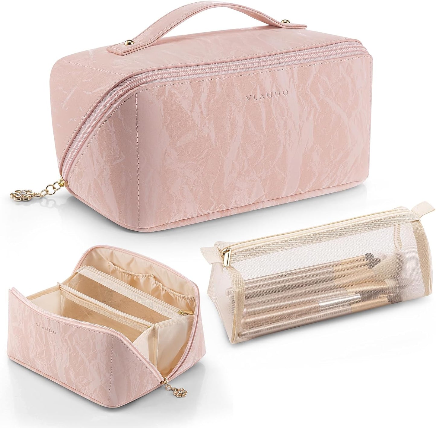 Makeup Bag,Large Capacity Travel Toiletry Bag,Cosmetic Bags for Women PU Leather Waterproof Portable Pouch with Divider & Handle-Toffee