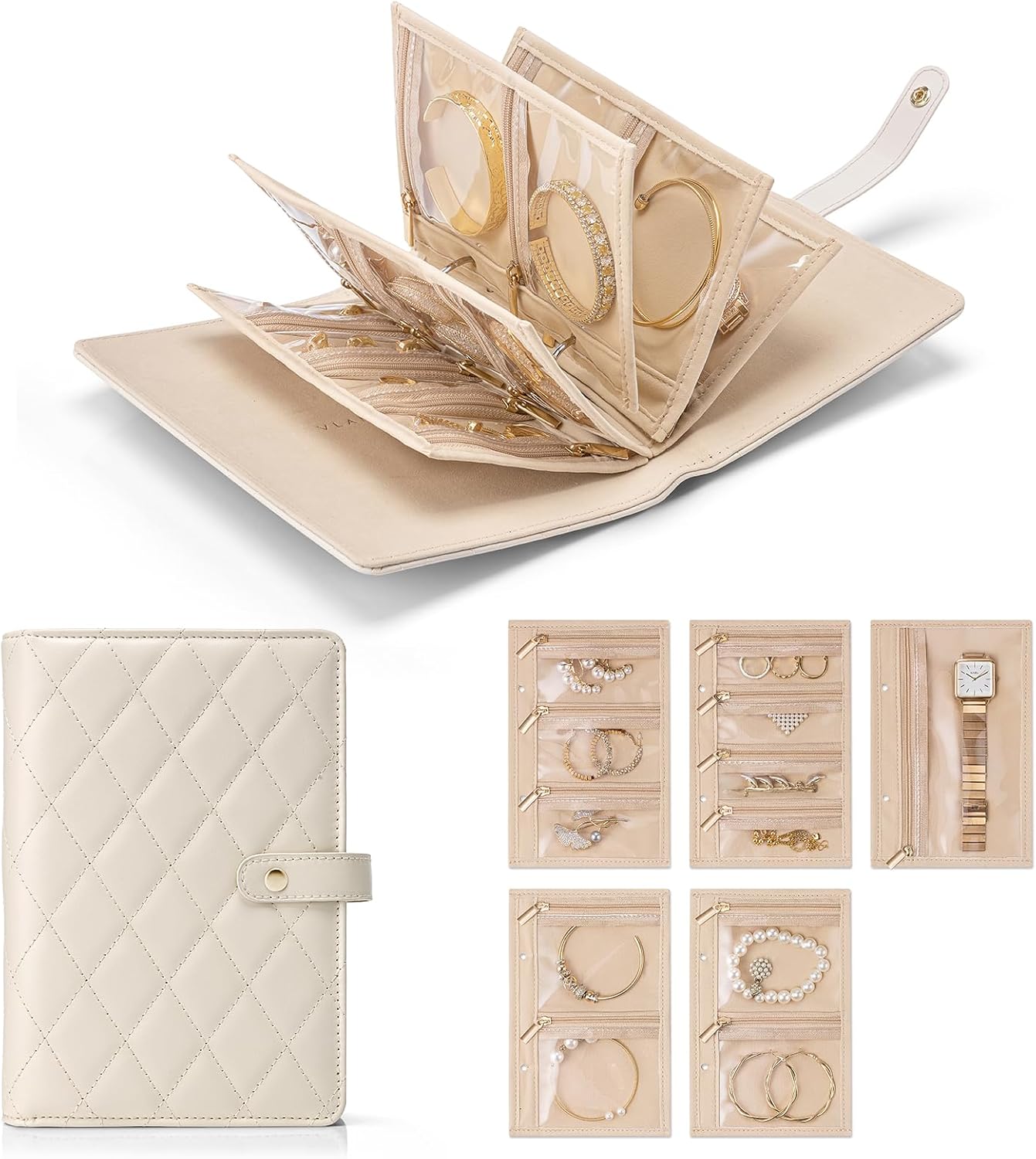 Travel Jewelry Organizer Case,Jewelry Storage Book Ring Binder with Clear Zipper Velvet Pouch Bag