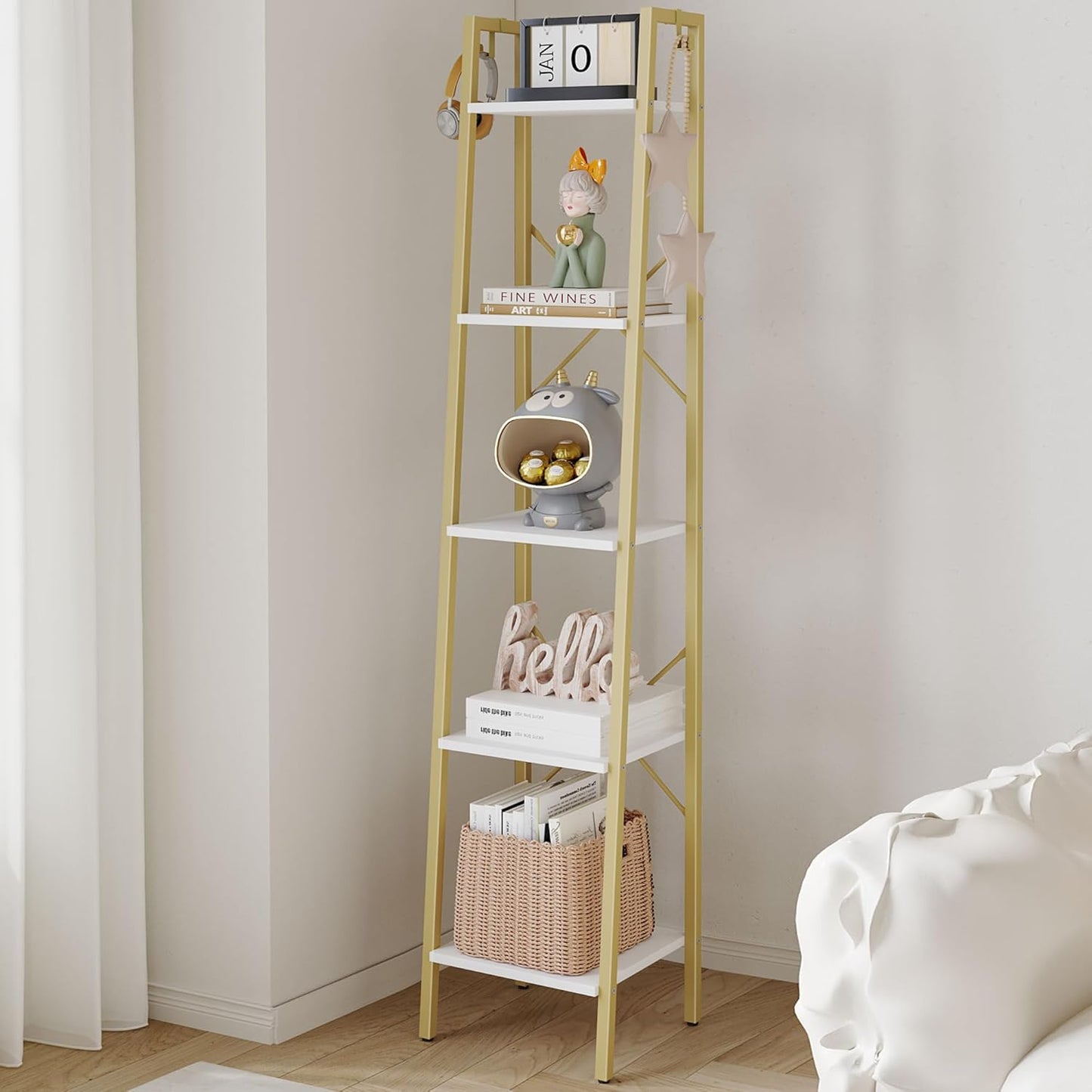 Ladder Shelf, Bookshelf Bookcase, Freestanding Corner Storage Shelve with 2 Hooks