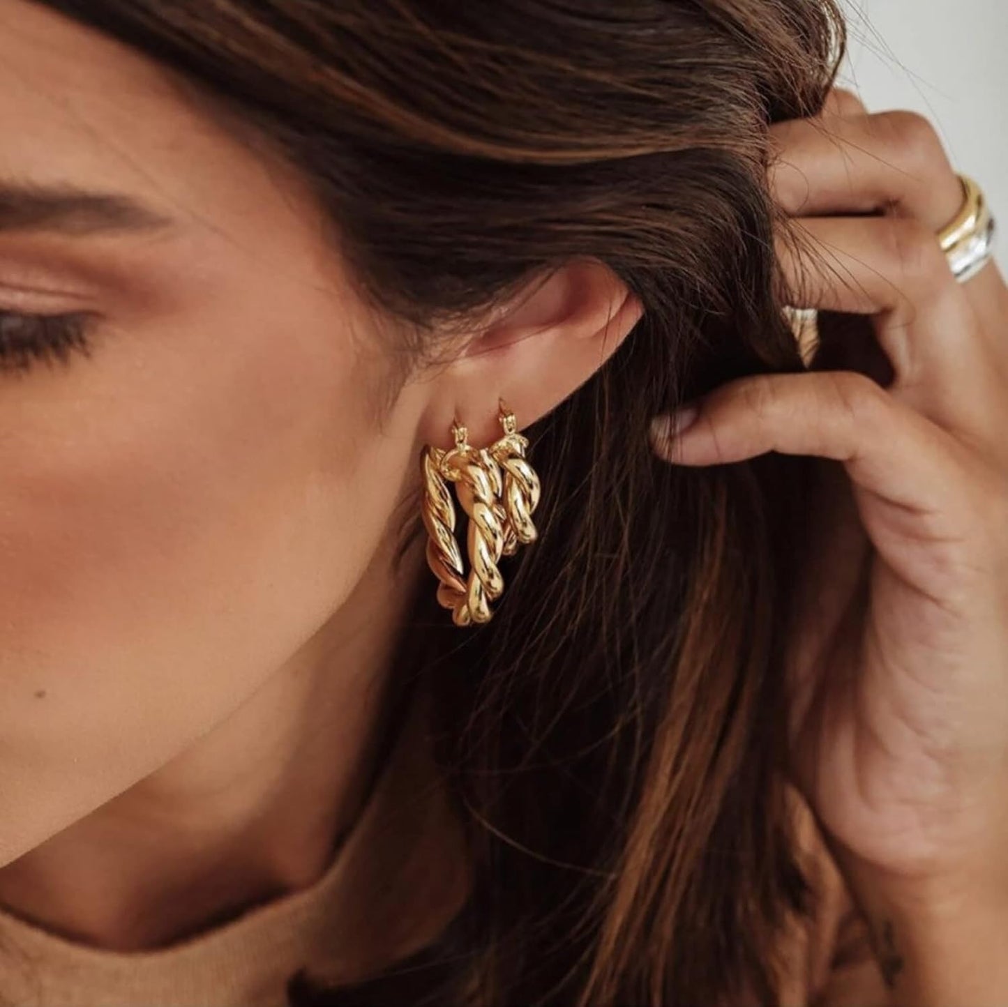Chunky Gold Hoop Earrings for Women, 14k Gold Plated Thick Triple Hoop Earrings Hypoallergenic Trendy Chunky Gold Hoops