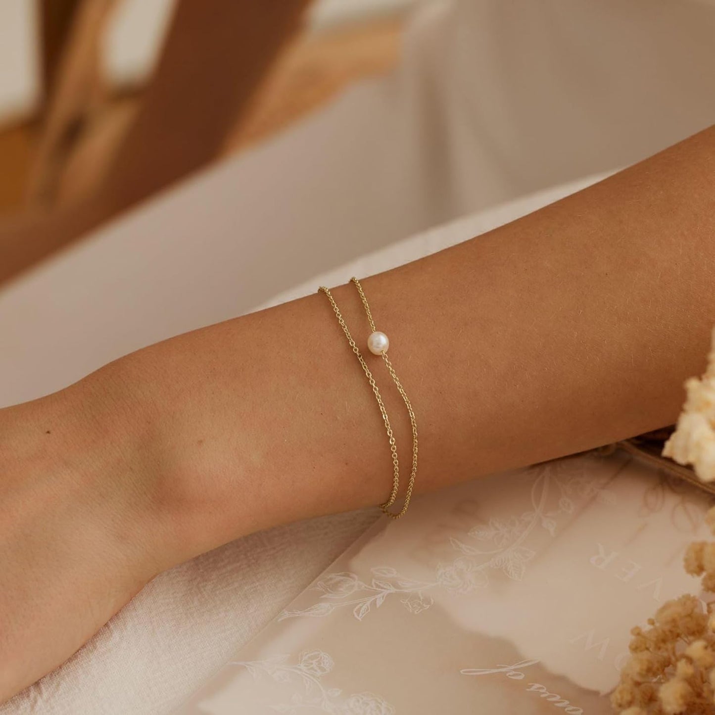 Gold Bracelets for Women Trendy, 14K Real Gold Plated Dainty Stackable Pearl Snake Chain CZ Heart Pendant Bracelets Adjustable 6"+2"