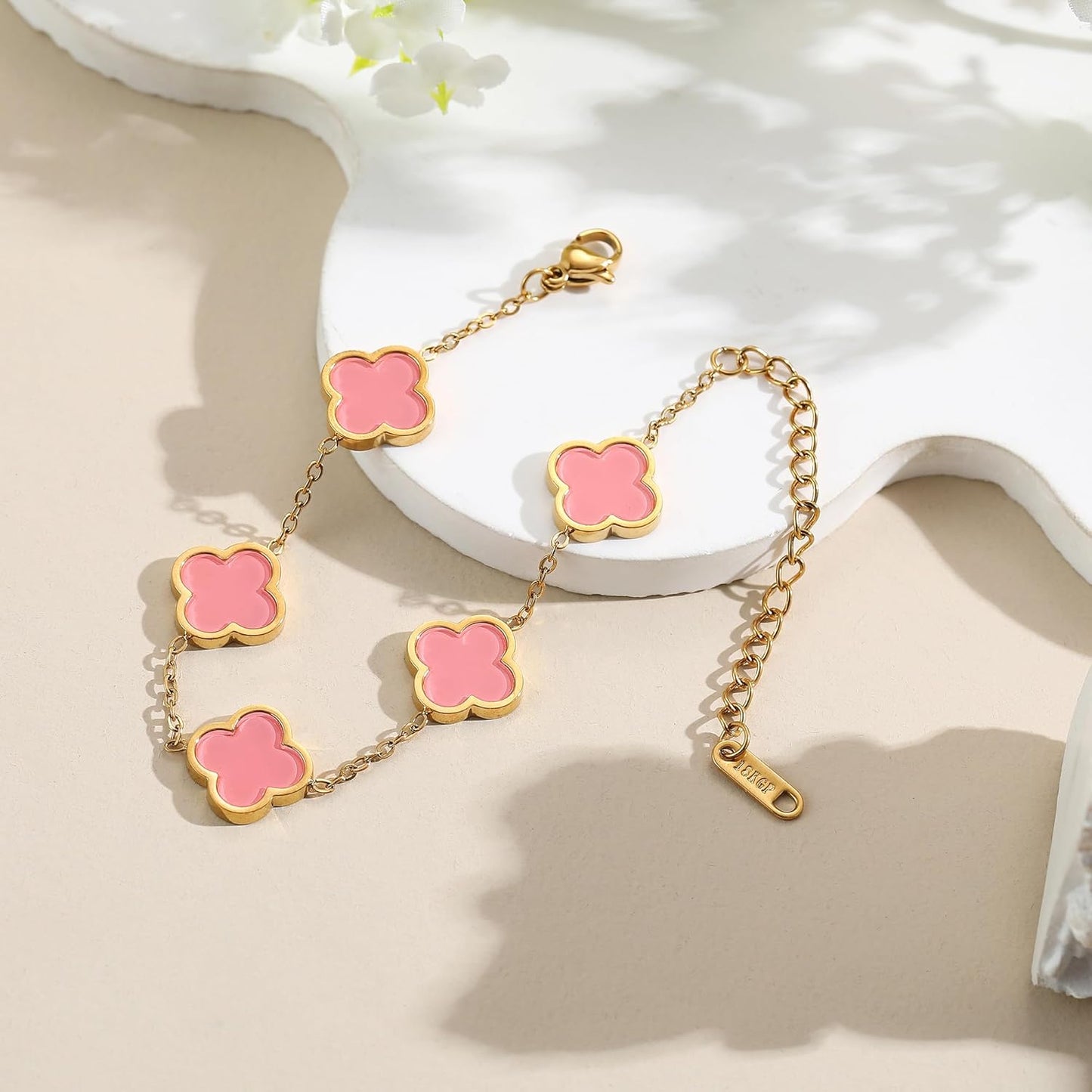 18K Gold Plated Clover Lucky Bracelet for Women White/Black/Red/Green Flower Four Leaf Link Bracelets
