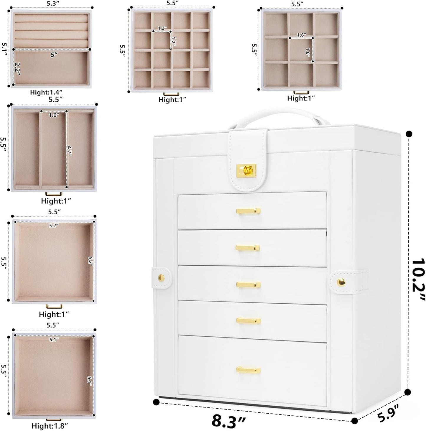 6-Tier Jewelry Box Organizer with 5 Drawers Leather Jewelry Storage Case for Women Girls Holder Organizer with Mirror