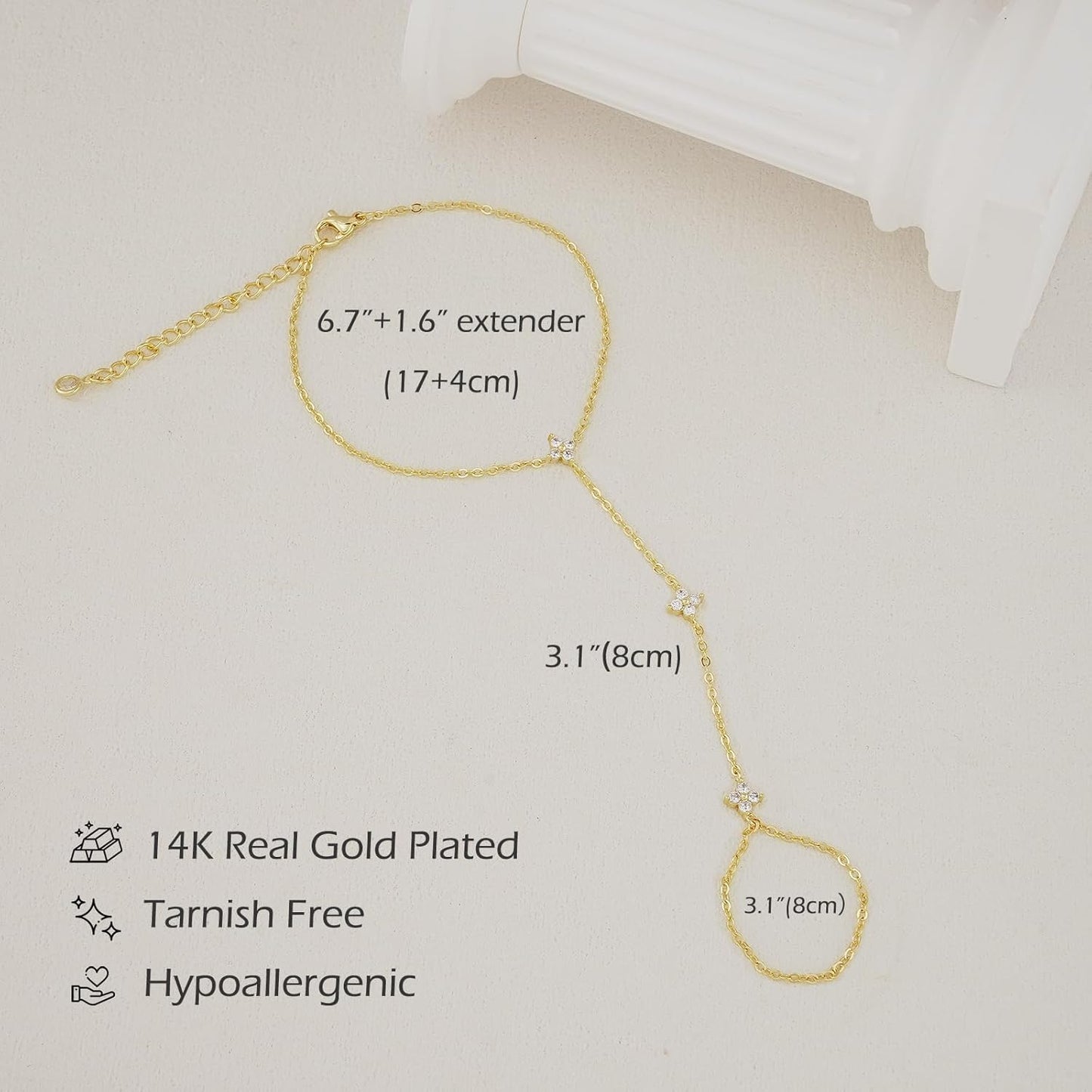 Bracelets for Women 14K Gold Silver Plated Ring Bracelet Hand Chain Dainty Evil Eye Heart Clover Daisy Cubic Zirconia