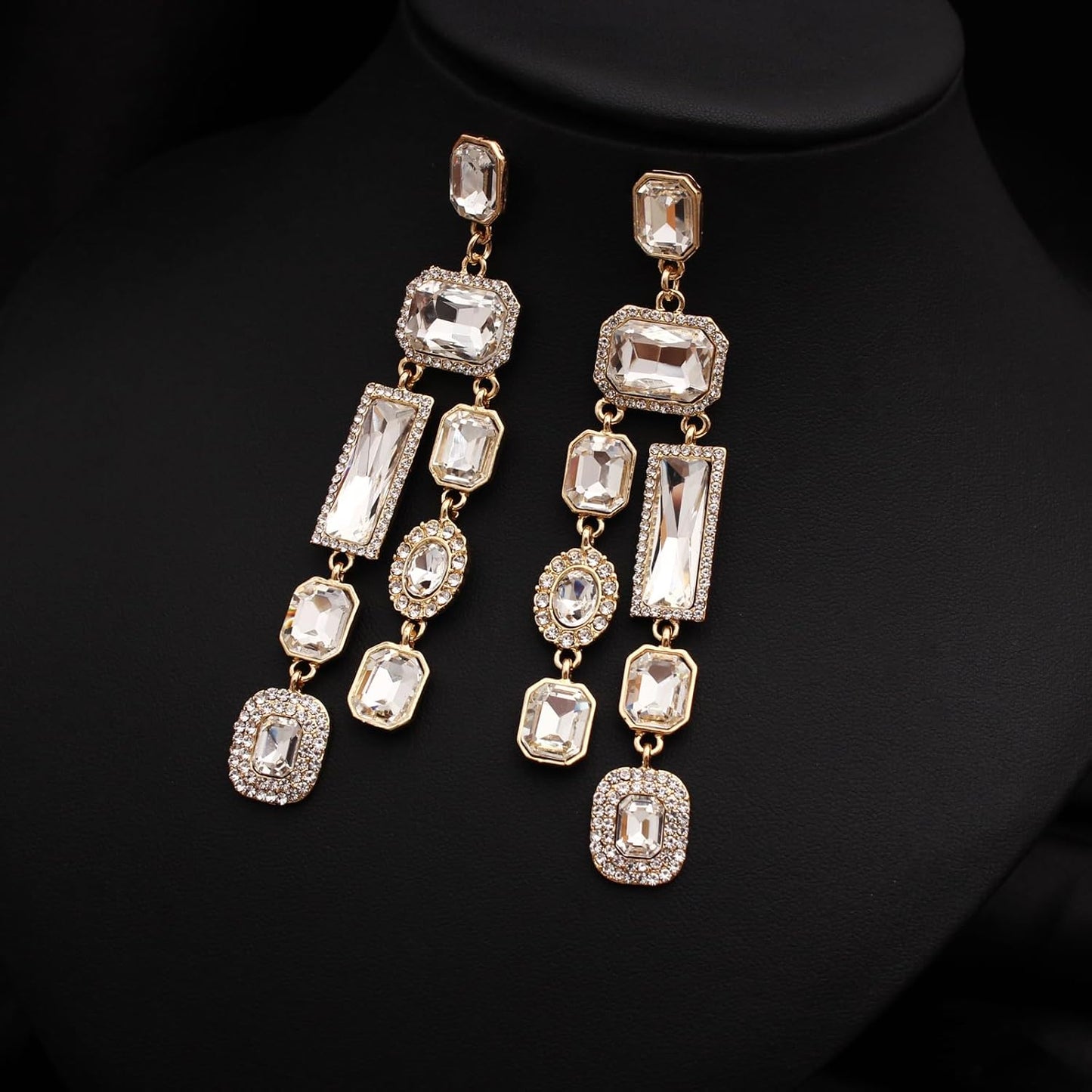 Vintage Rectangle Teardrop Chandelier Earrings, Art Deco Wedding Austrian Crystal Drop Dangle Earrings for Women Party Prom