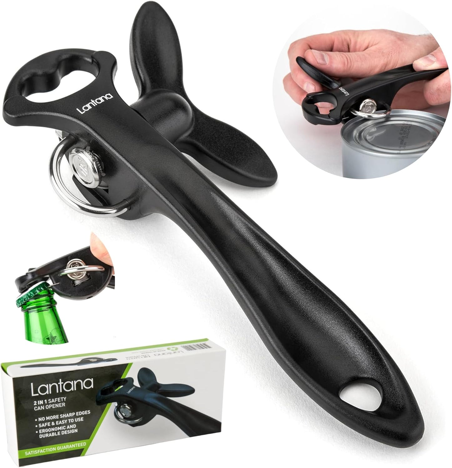 Lantana Smooth Edge Can Opener with Bottle Cap Lifter - Hand Held Manual Safety Tin Opener
