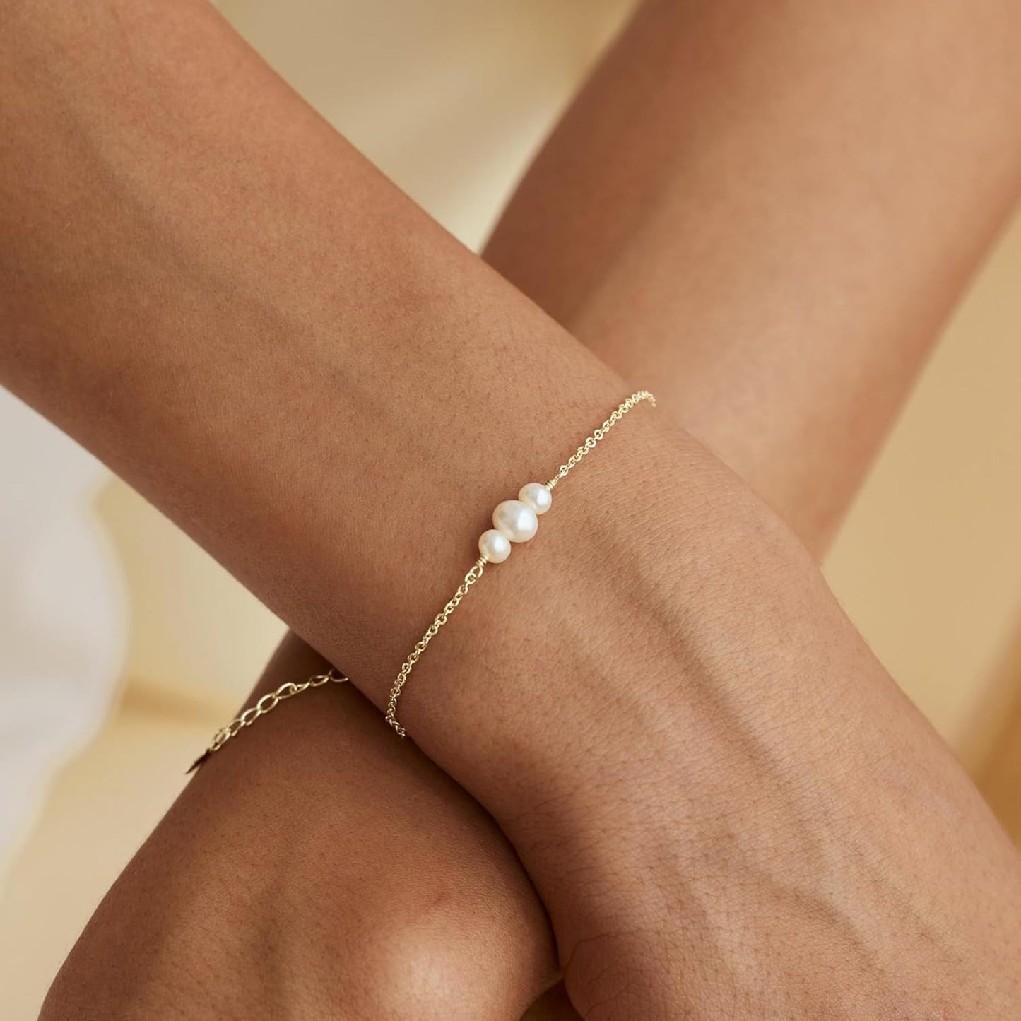 Gold Bracelets for Women Trendy, 14K Real Gold Plated Dainty Stackable Pearl Snake Chain CZ Heart Pendant Bracelets Adjustable 6"+2"