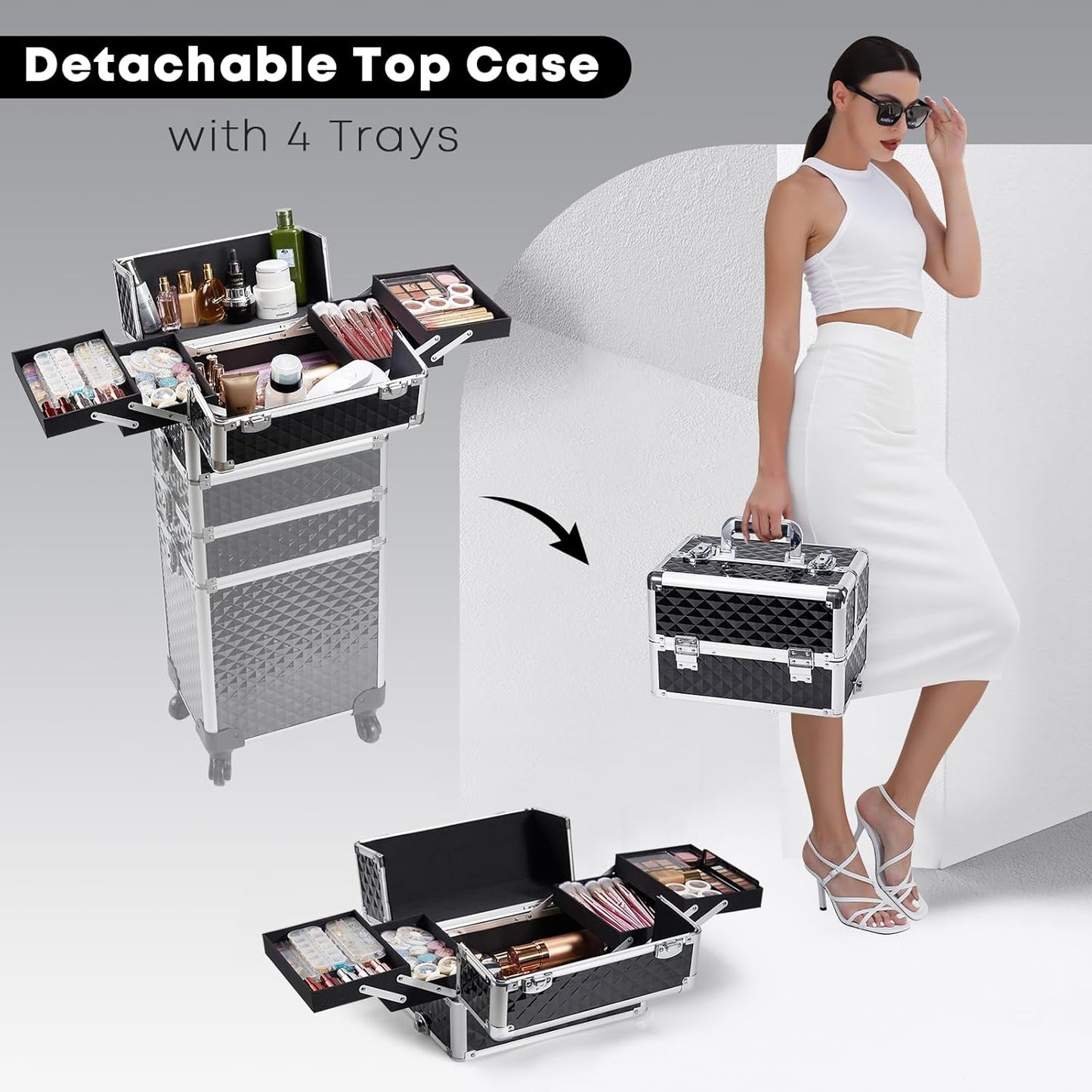 Rolling Makeup Case, 4-in-1 Cosmetology Case on Wheels, Nail Tech Cart for Trave