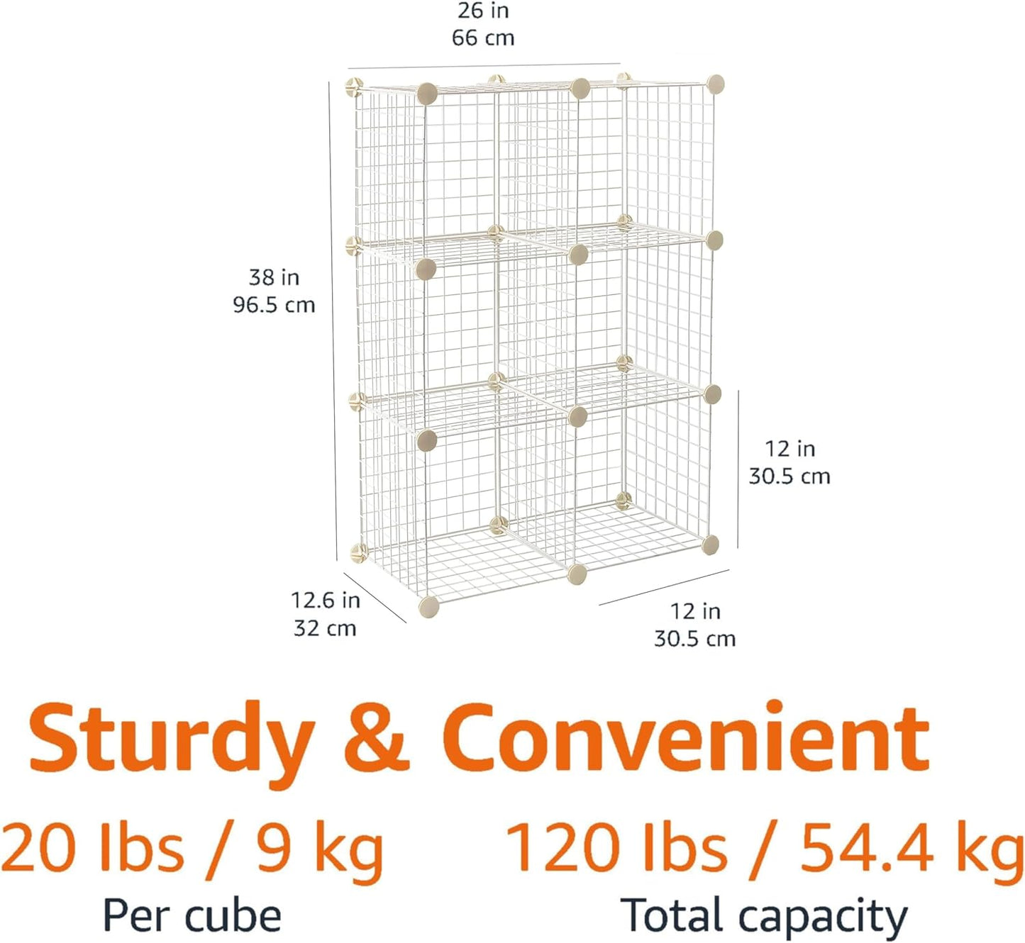 6 Cube Wire Grid Stackable Storage Shelves, 12.6 x 26 x 38 inches, White