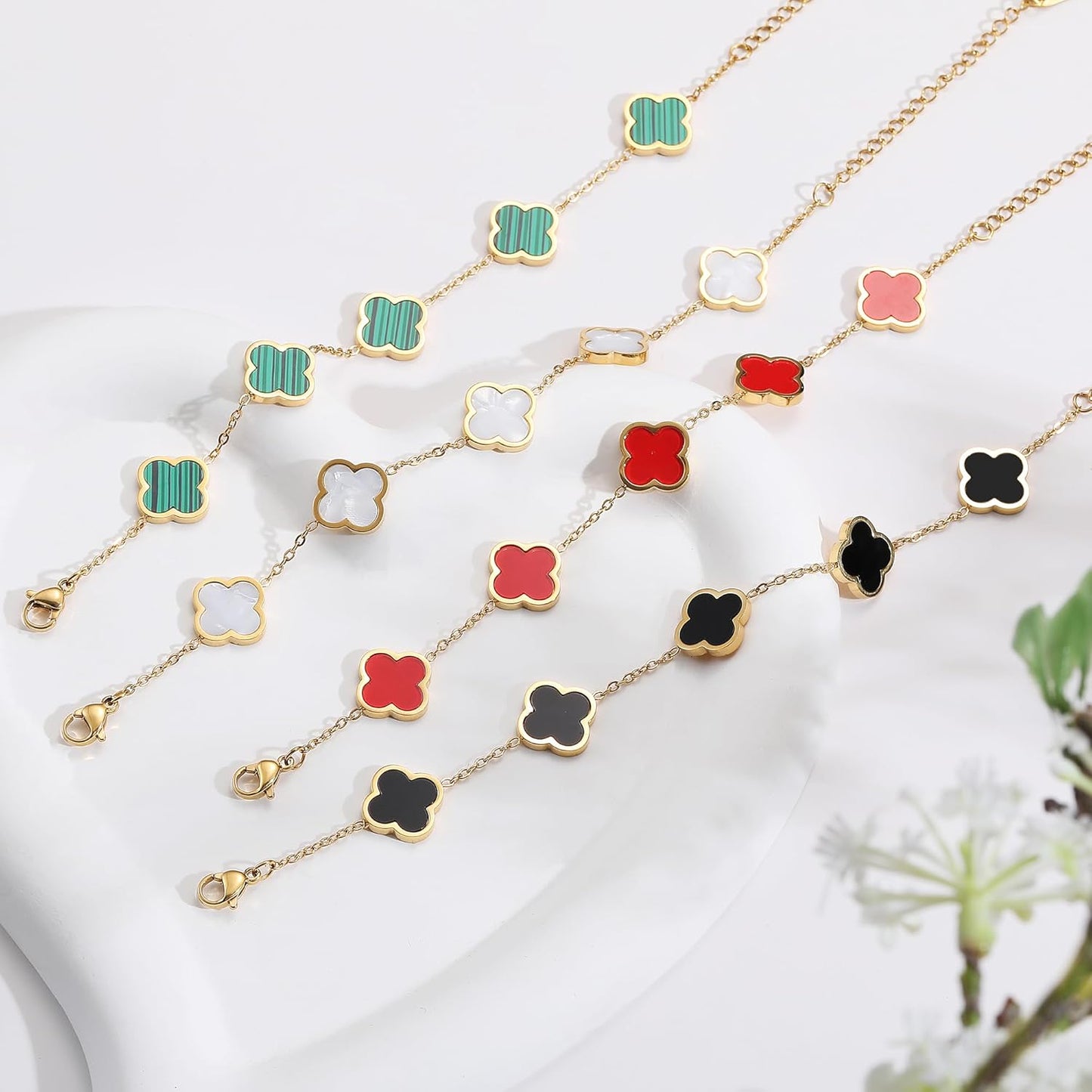 18K Gold Plated Clover Lucky Bracelet for Women White/Black/Red/Green Flower Four Leaf Link Bracelets