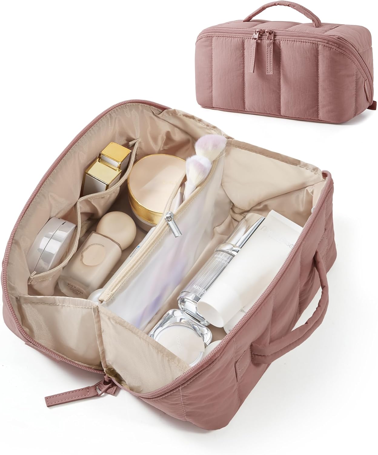 Travel Makeup Bag for Women, Portable Water-resistant Cosmetic Case, Puffy Padded Make Up Organizer Pouch, Open Flat Toiletry Bag for Toiletries, Brushes, Pink
