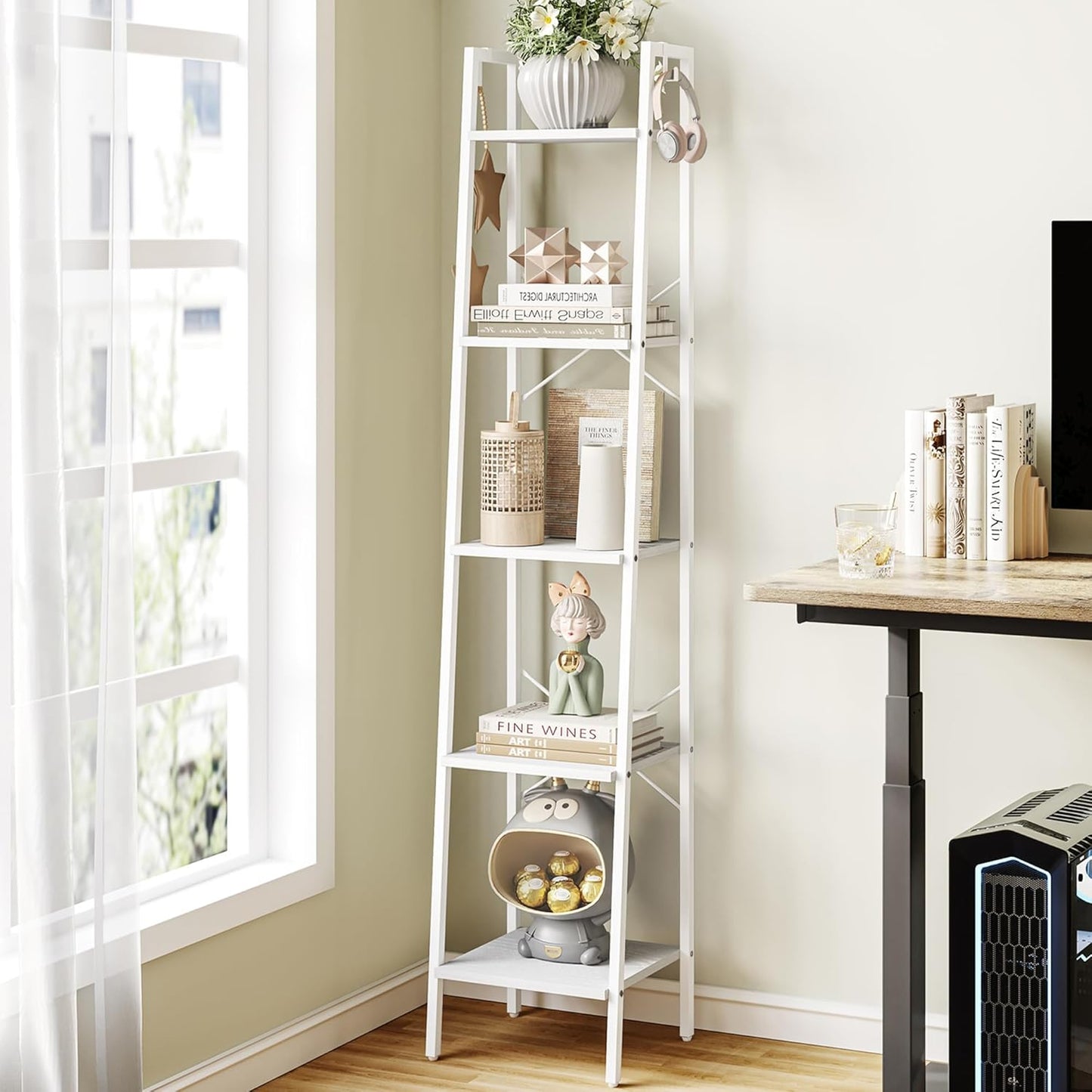 Ladder Shelf, Bookshelf Bookcase, Freestanding Corner Storage Shelve with 2 Hooks