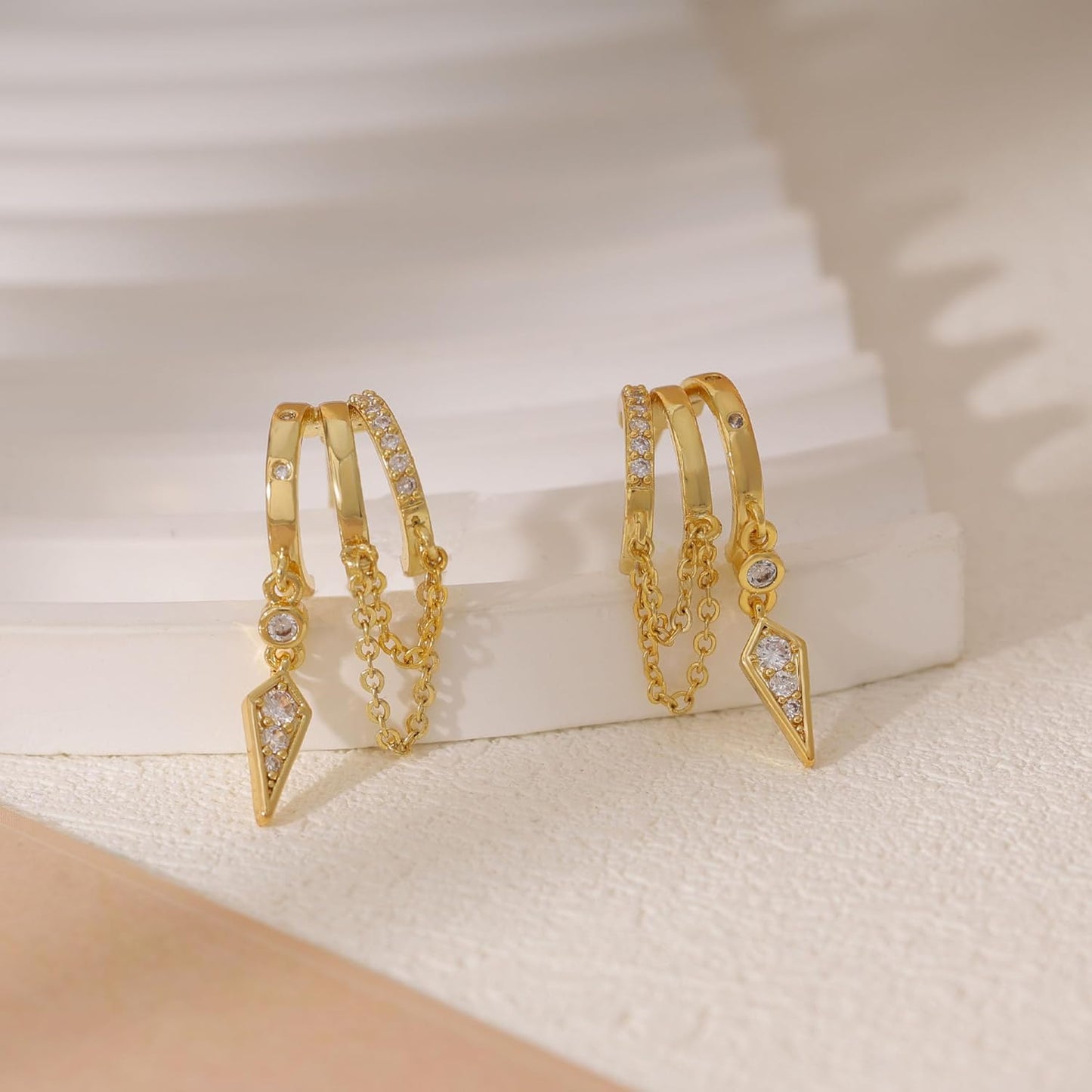 Dangle Earrings for Women,14k Gold Plated Triple Huggie Stud Earrings Cute Statement Chain Earring Dainty Drop