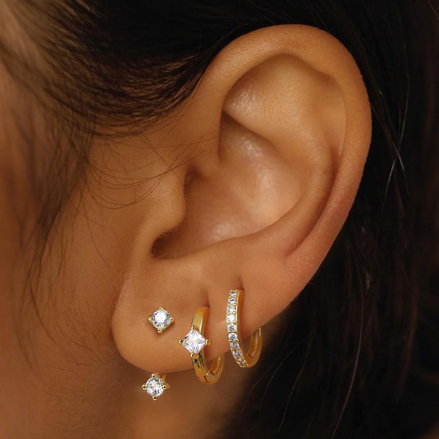 3Pairs 925 Sterling Silver, 14K Gold Plated Small Huggie Hoop Earrings Sets for Multiple Piercing CZ Cartilage Earrings Stacks