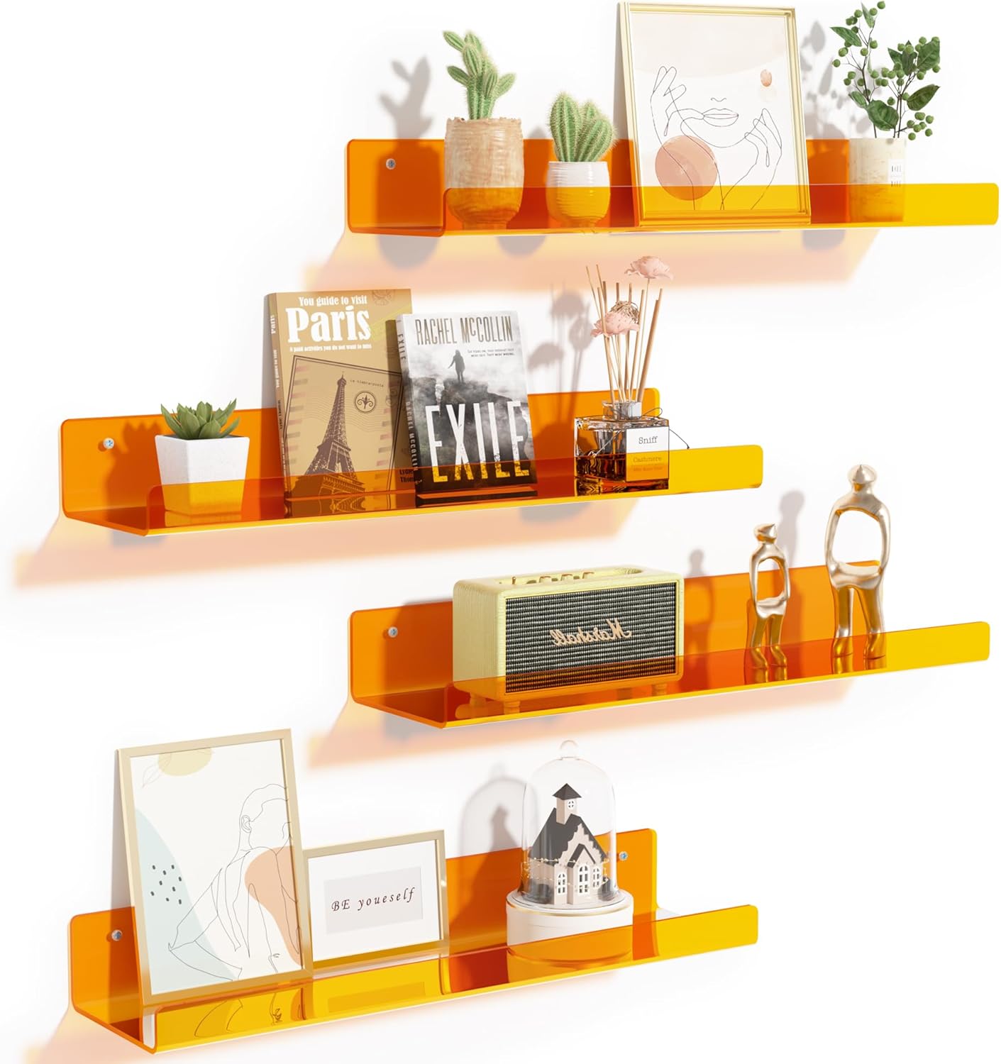 Acrylic Shelves for Bathroom Storage, 15" Floating Shelves Wall Organizer, 4 Pack