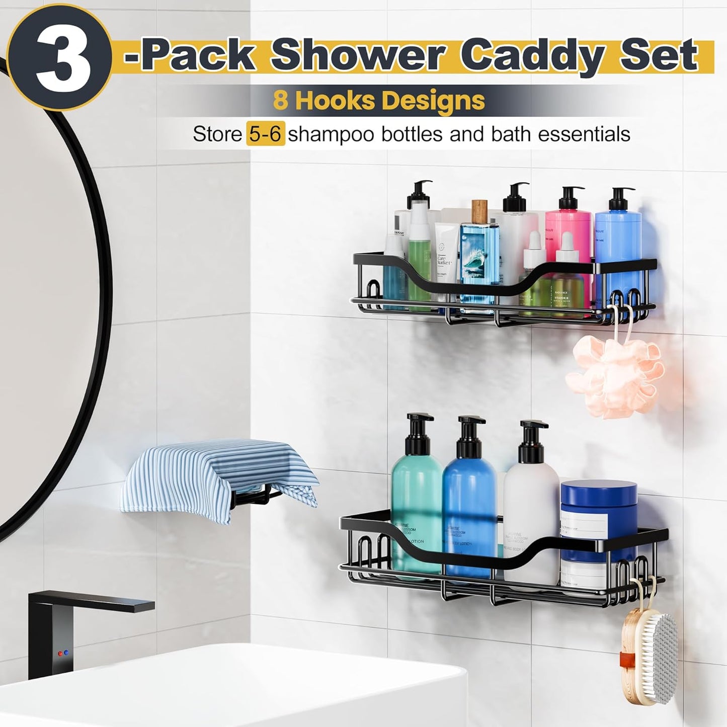 3-Pack Shower Caddy with Soap Holder, Adhesive Rustproof No-drill Shelves Rack Storage Bathroom