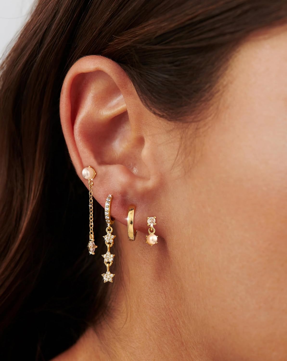 Pearl Dangle Hoop Earrings for Women - Dainty14K Gold Plated Small Drop Chain Hoops Trendy Earring Sets for
