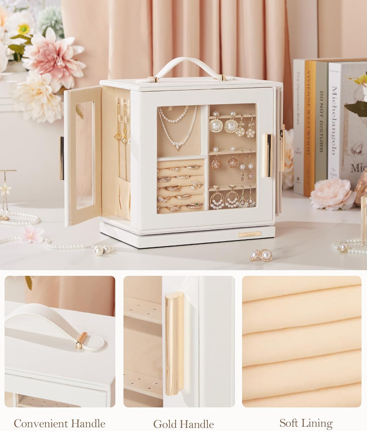 Jewelry Box 360° Rotating, Necklace Earring Organizer with Transparent Window, Mirror, 7 Drawers