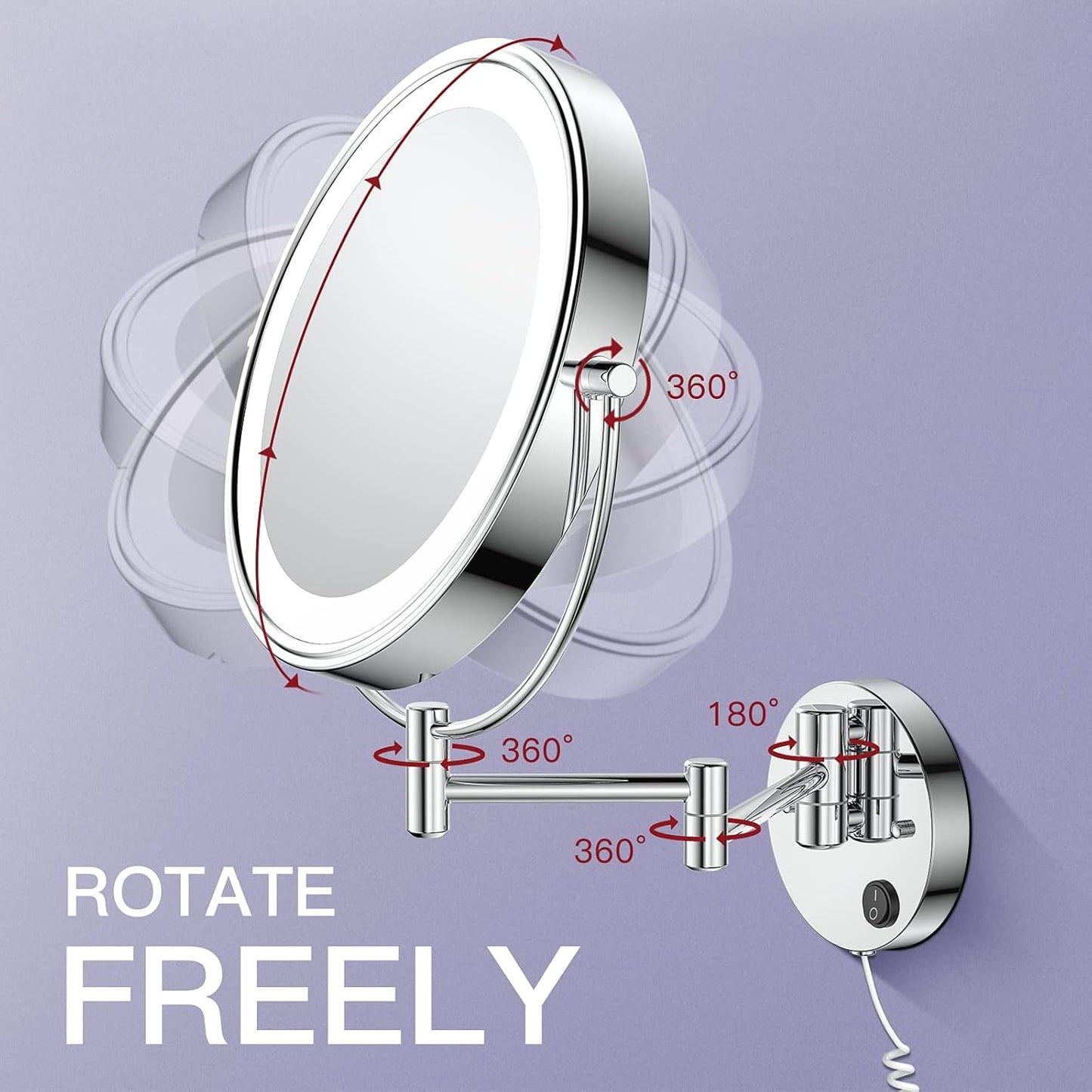 9" Large Size Wall Mounted Lighted Makeup Vanity Mirror, 1X/10X Magnifying  Bathroom Mirror