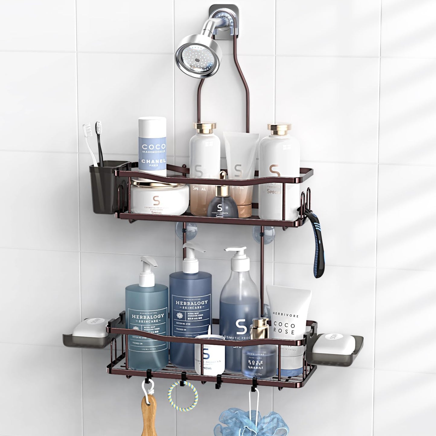 Hanging Shower Caddy Bathroom Organizer: Rustproof Shower Shelf Racks Over Shower Head - No Drilling