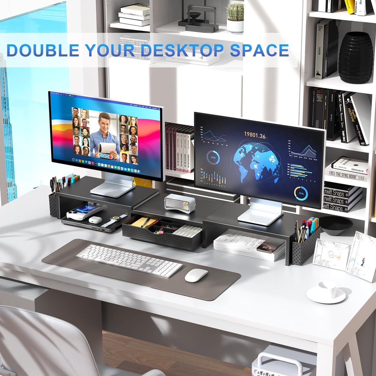 Dual Monitor Stand Riser, Desk Organizer With Drawer and 2 Pen Holders,Shelf for Top of Desk