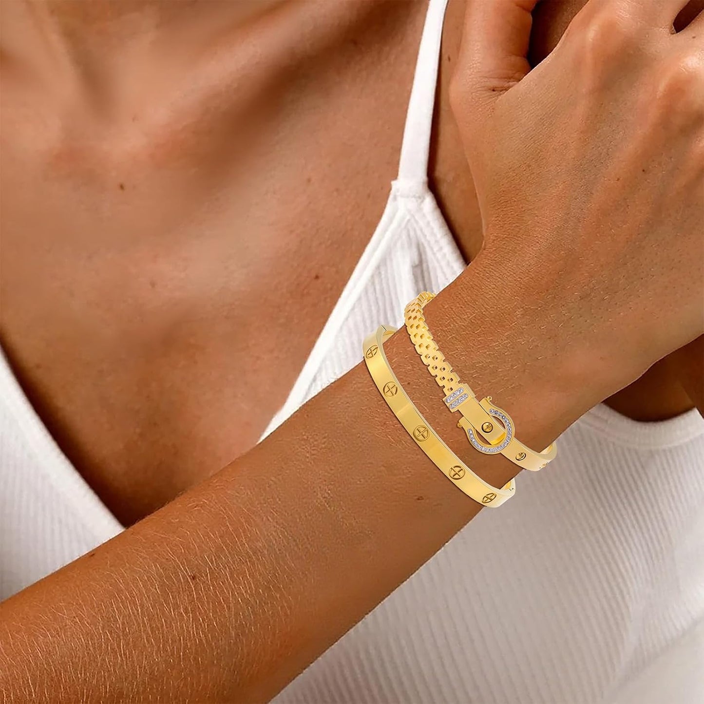 2PCS Gold Bracelets for Women Friendship & Love Theme Crystal Bangle Set Stainless Steel Non Tarnish Jewelry