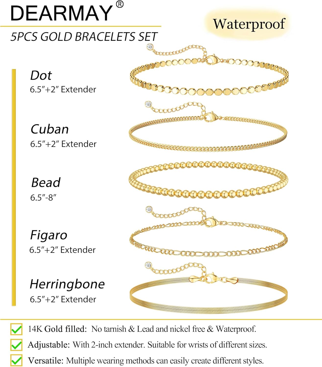 Gold Bracelets for Women Waterproof, 14K Real Gold Jewelry Sets Trendy Thin Dainty Stackable Cuban Link