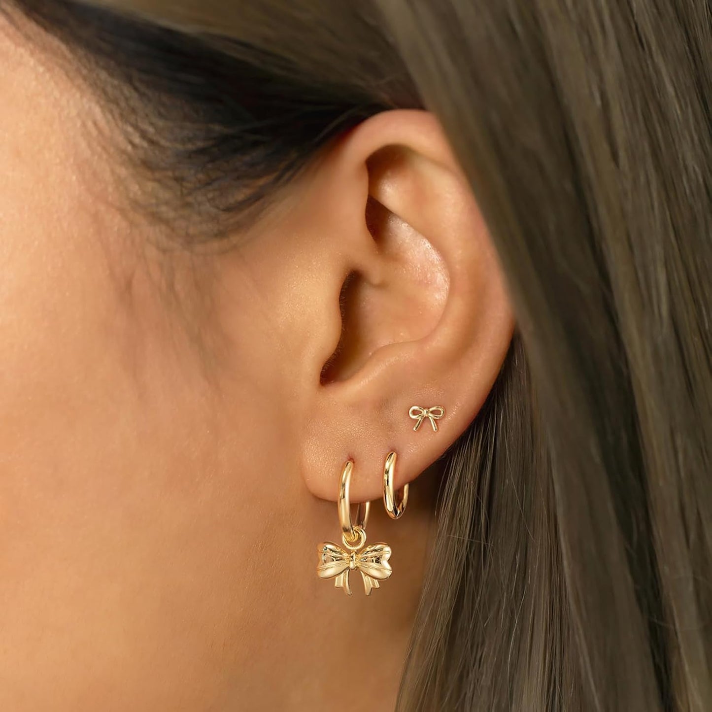 3 Pairs Small Gold Hoop Earring, 14K Gold Plated Earring Stacks Butterfly Heart Star Moon Bow Four Leaf Rhombus Round CZ Pearl