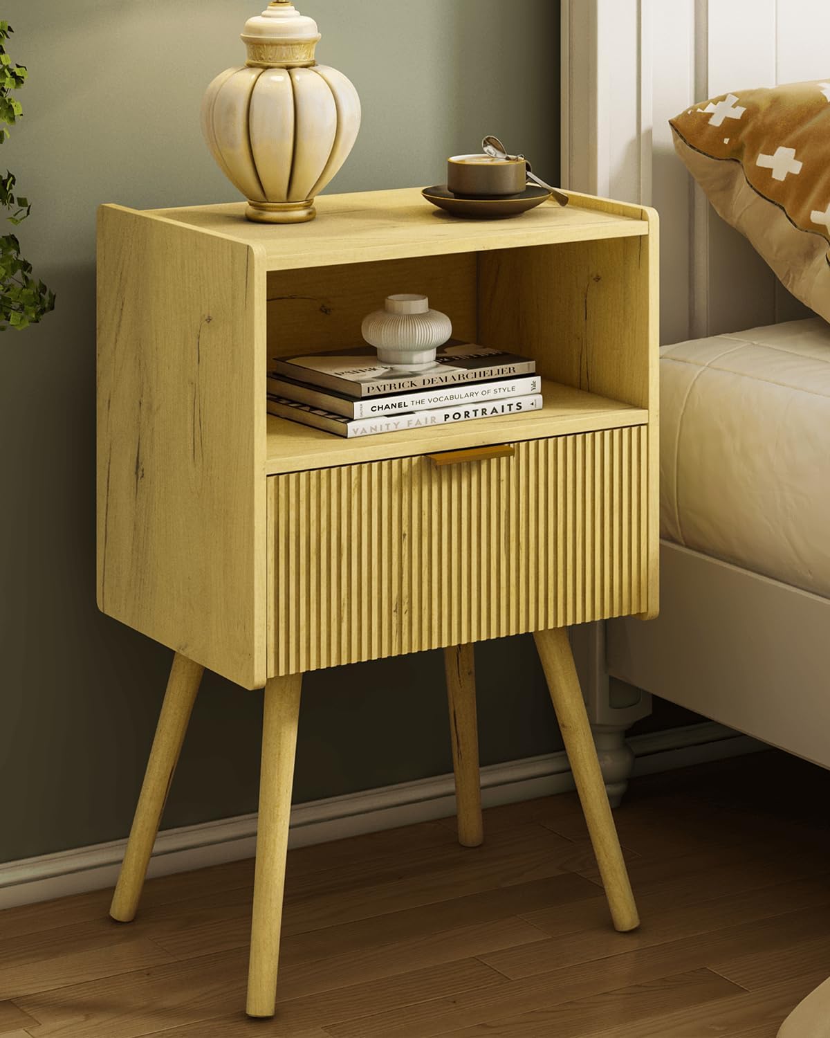Nightstand, with Storage Drawer and Open Wood Shelf,  Accent Night Stand Easy Assembly