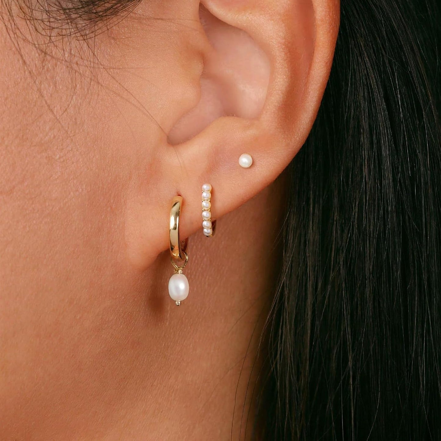 3 Pairs Small Gold Hoop Earring, 14K Gold Plated Earring Stacks Butterfly Heart Star Moon Bow Four Leaf Rhombus Round CZ Pearl