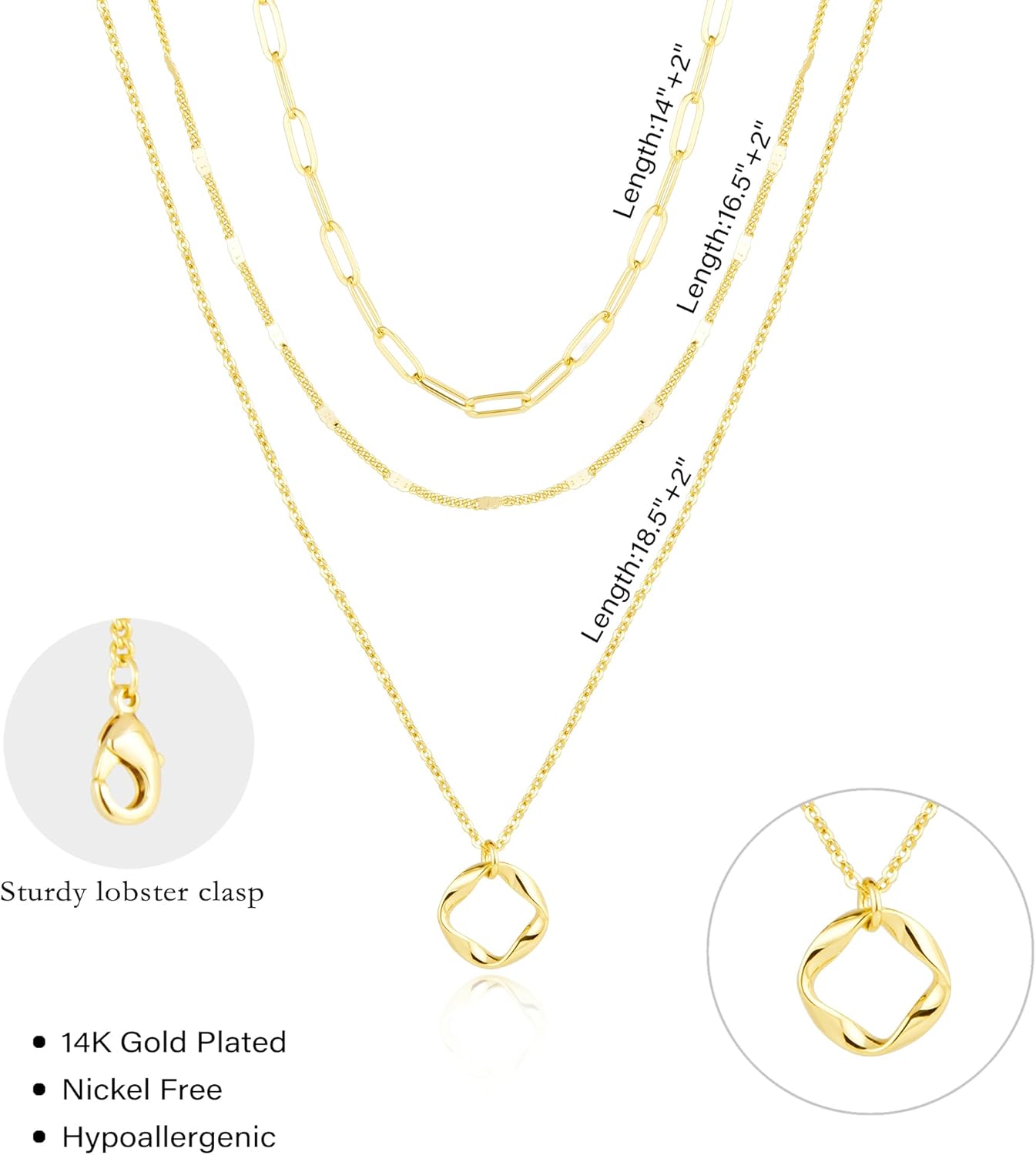 14K Gold Layered Necklace Set – Stackable Paperclip & Circle Pendant Choker for Women