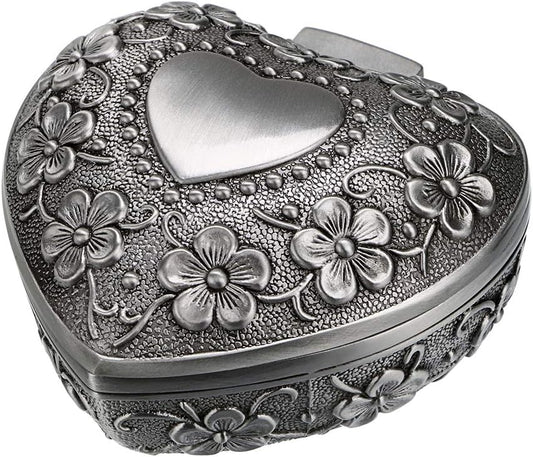 Vintage Heart Shape Jewelry Box - Small Antique Ring/Earrings/Necklace Storage Organizer Case, Metal Treasure Chest