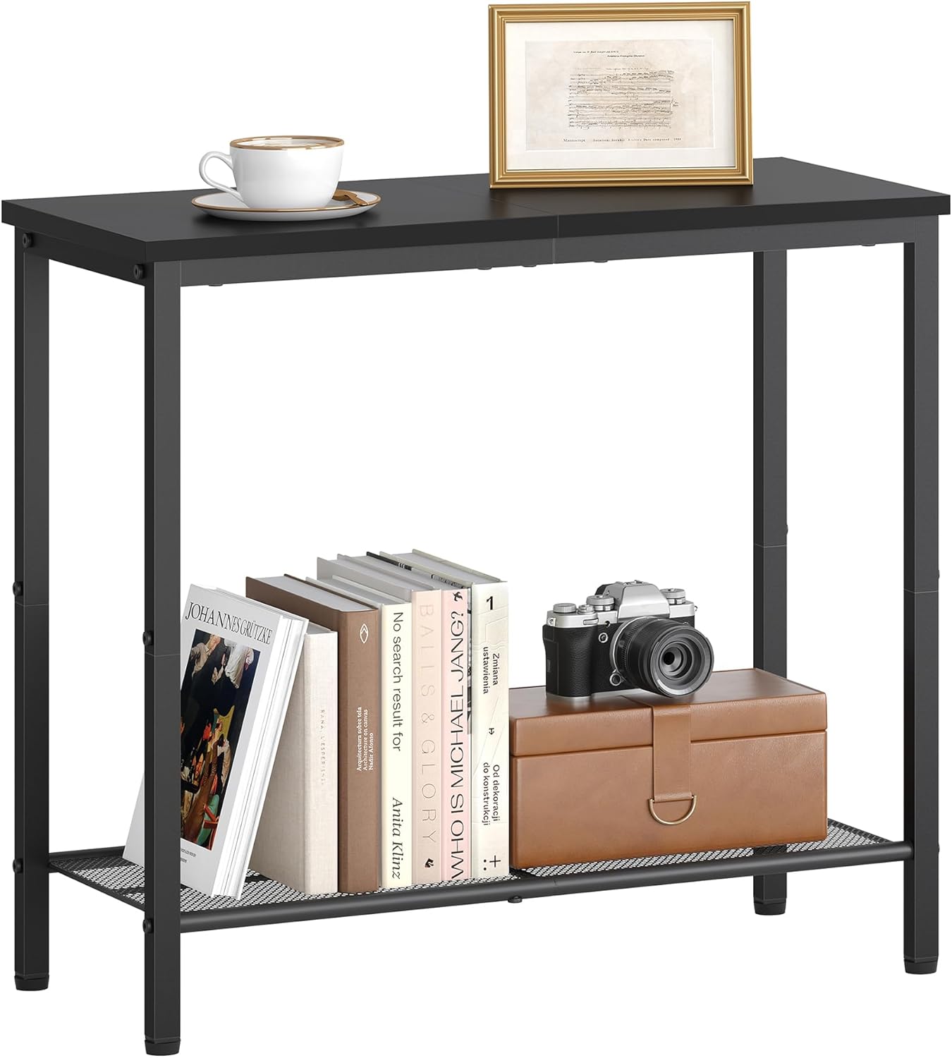 2 Tier End Table, Sofa Side Table, Slim Nightstand for Small Spaces, Metal Frame
