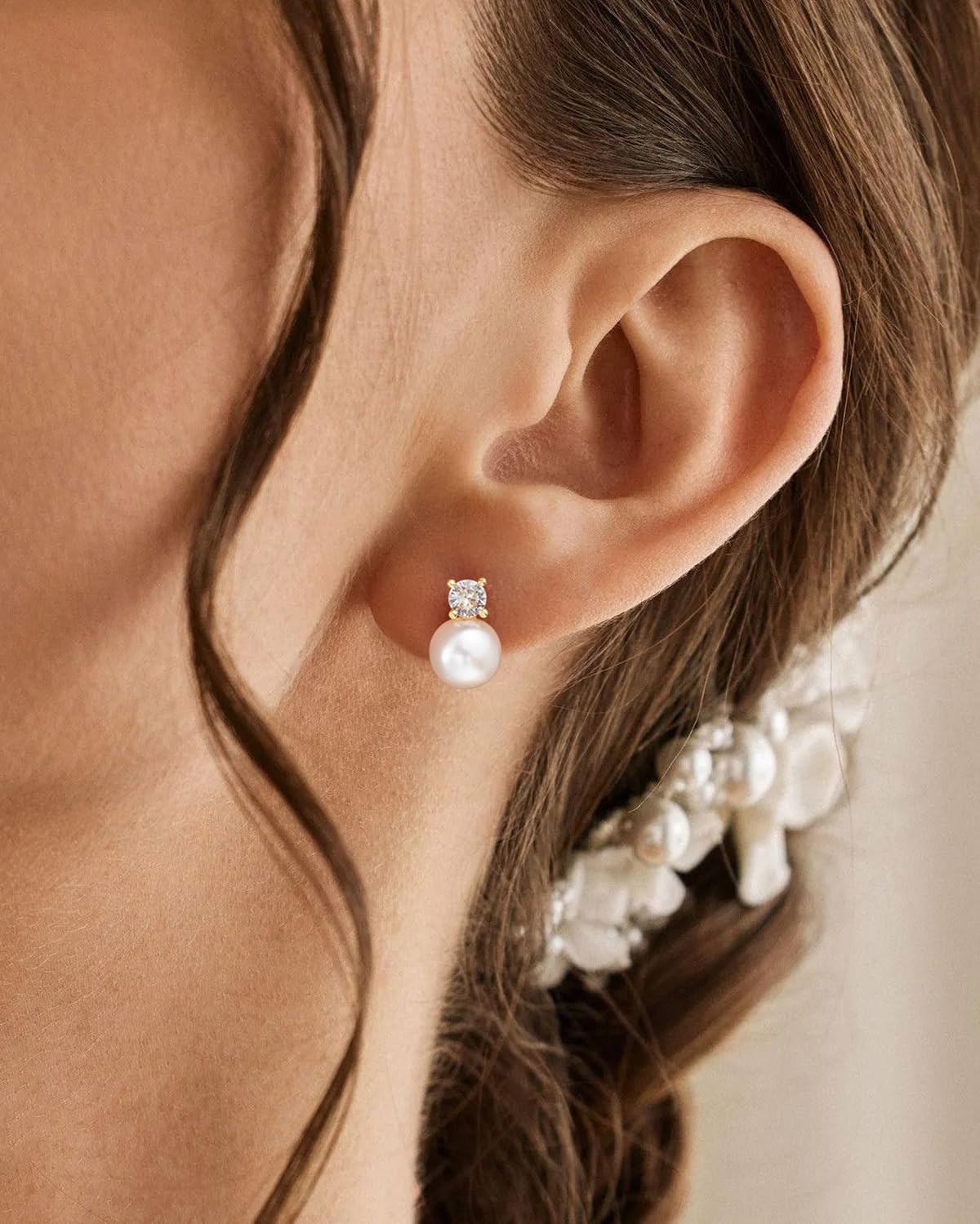 Pearl Earrings: 14k Gold-plated Cubic Zirconia Accented Pearl Drop Dangle Wedding Engagement Earrings For Women Bridal Bridesmaid