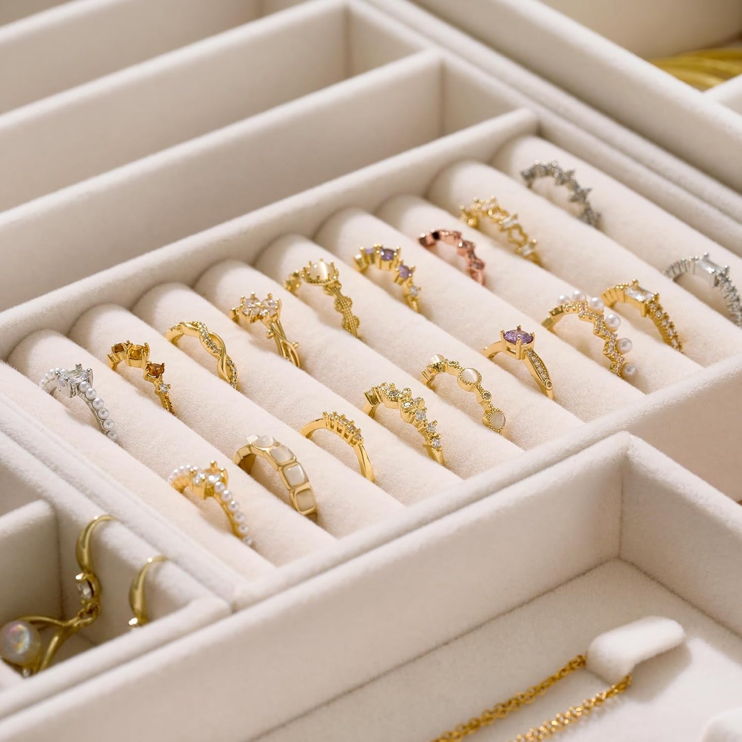 Stackable 4-Layer Jewelry Tray Set for Earrings, Rings, Necklaces, Bracelets with Removable Dividers for Dresser & Vanity