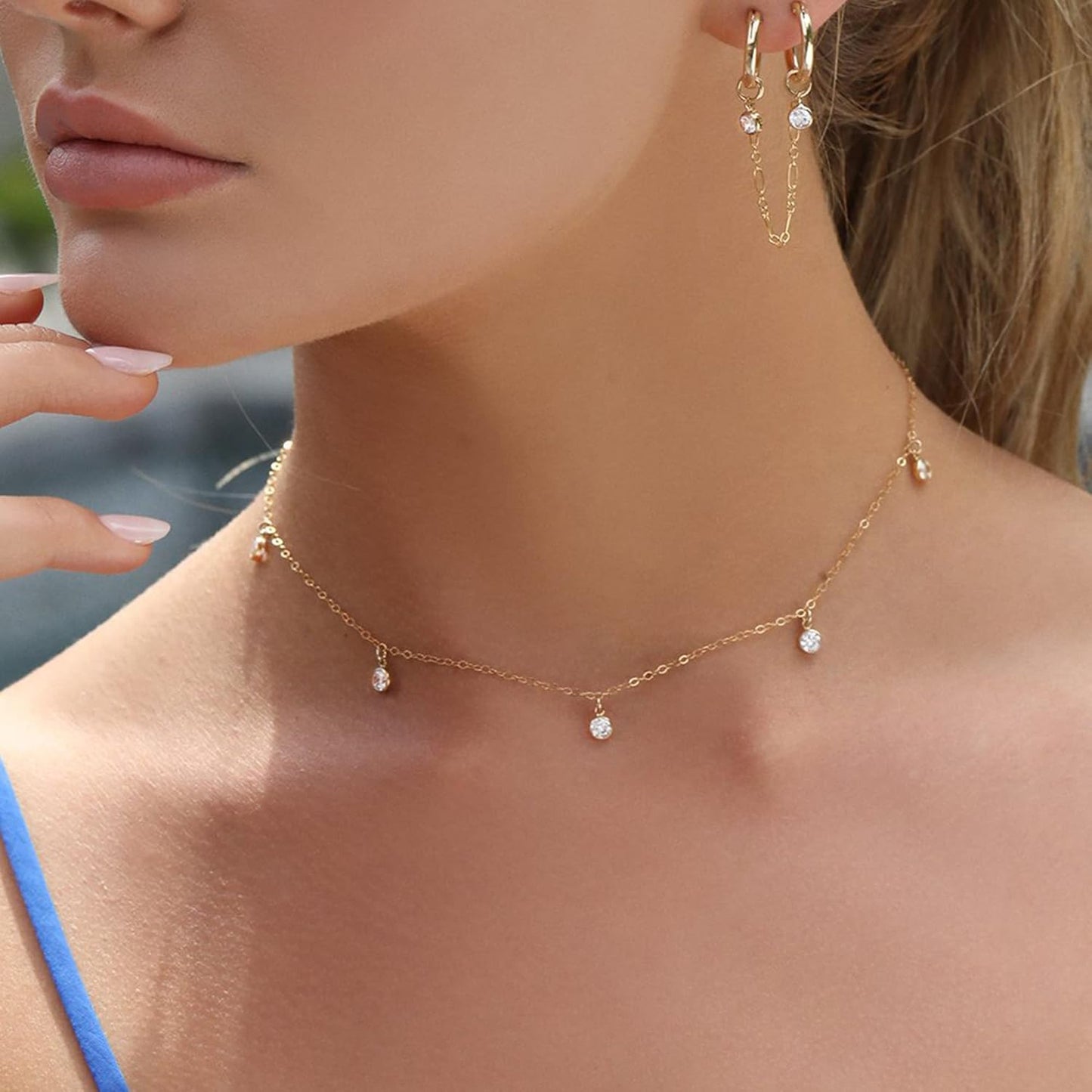 Dainty Gold Plated Choker Necklace for Women: Sterling Silver Layered CZ Pendant, Trendy Simulated Diamond Gift