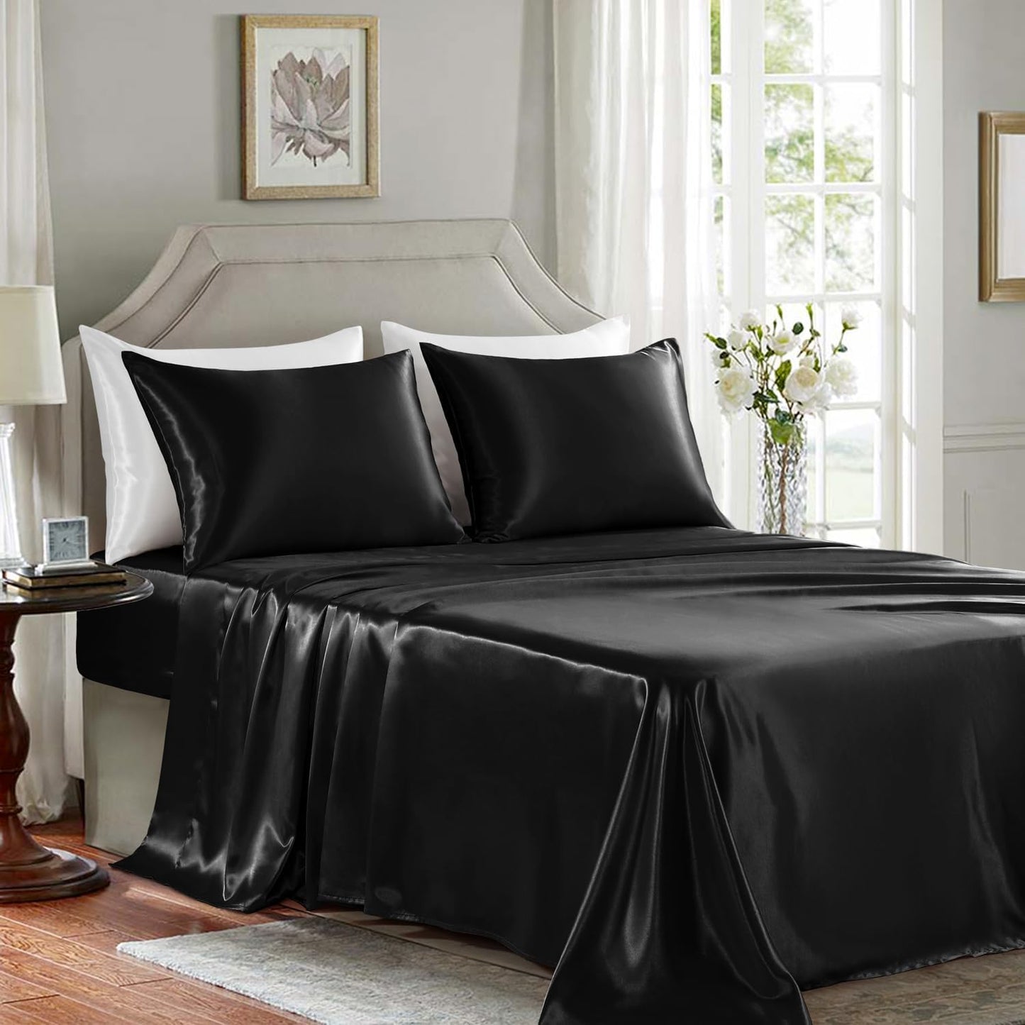 Satin Sheets Full Size - 4 count Luxury Silky Soft Bed Sheets, Wrinkle-Free Black Satin Silk Sheet Set