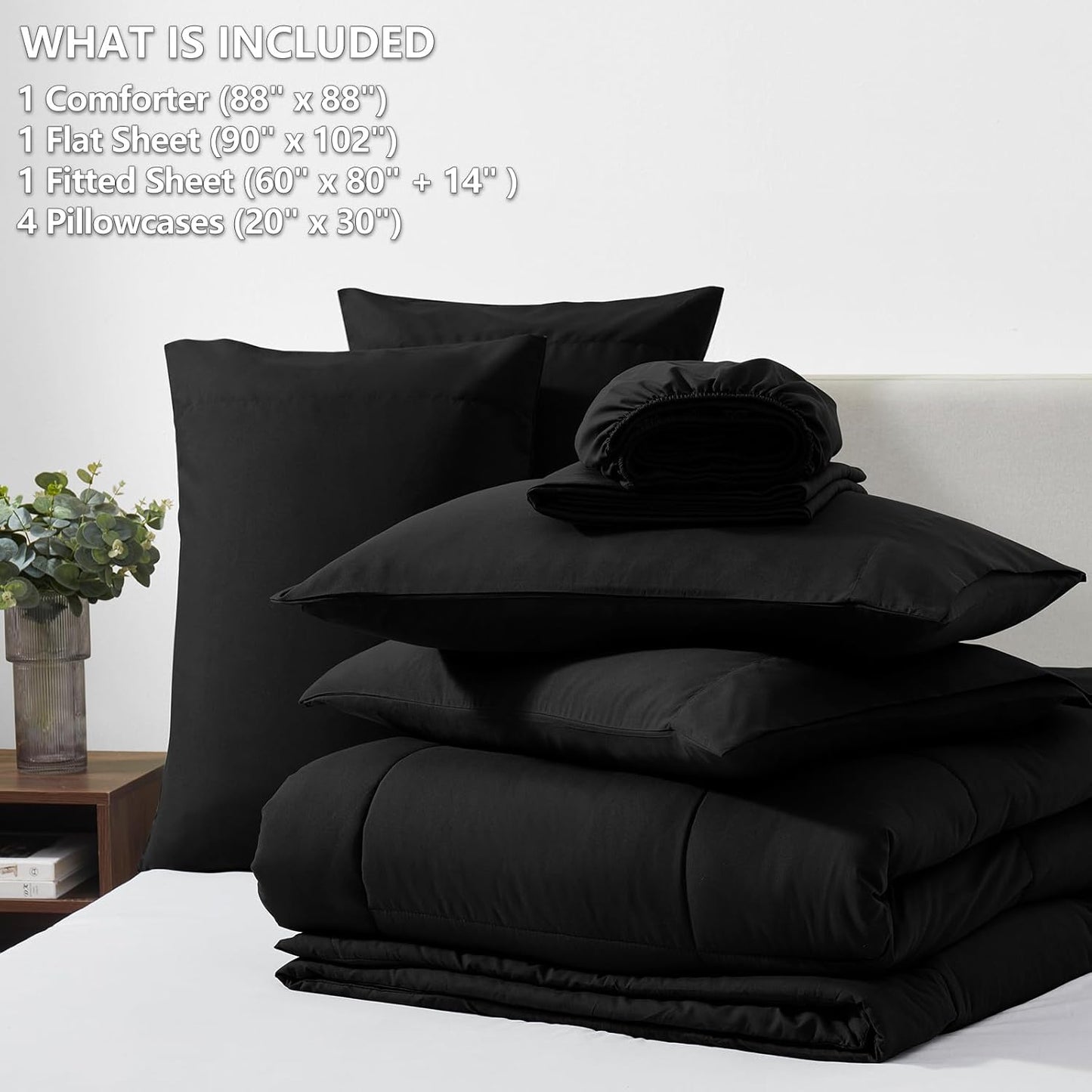 Queen Comforter Set Black, 7 count Bed in a Bag, All Season Bedding Sets