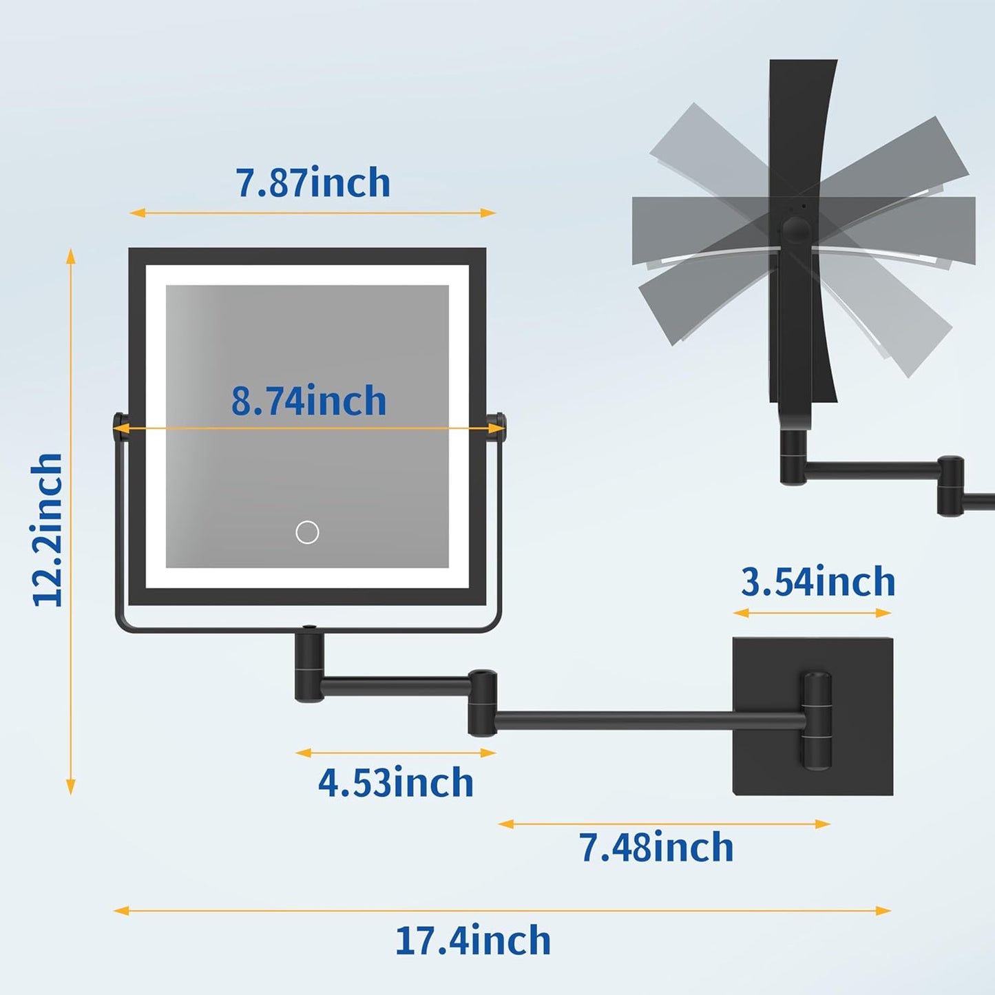 Rechargeable Wall Mounted Makeup Mirror Touch Screen Dimmable, 360° Rotation Extension Foldable Arm