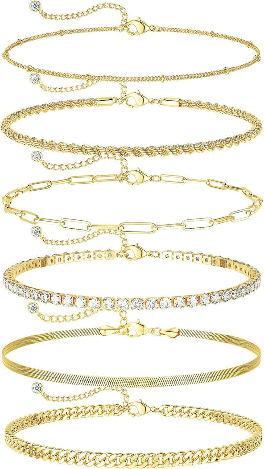 Gold  Ankle Bracelets for Women  - Dainty 6count  Anklets  Anklets Set Pack Summer Beach
