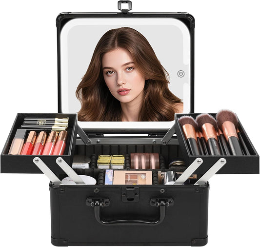 Makeup Bag with Mirror, Large Cosmetic Organizer with 2 Trays and Vanity Mirror with LED Lights