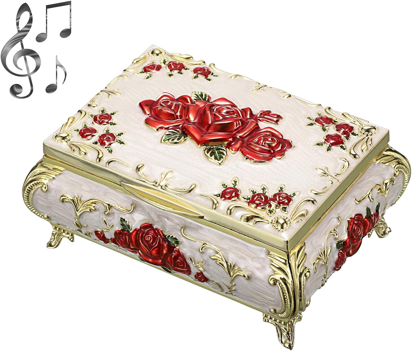 Vintage Music Box, Beige Metal Musical Jewelry Box Keepsake Box, Small Trinket Jewelry Storage Box