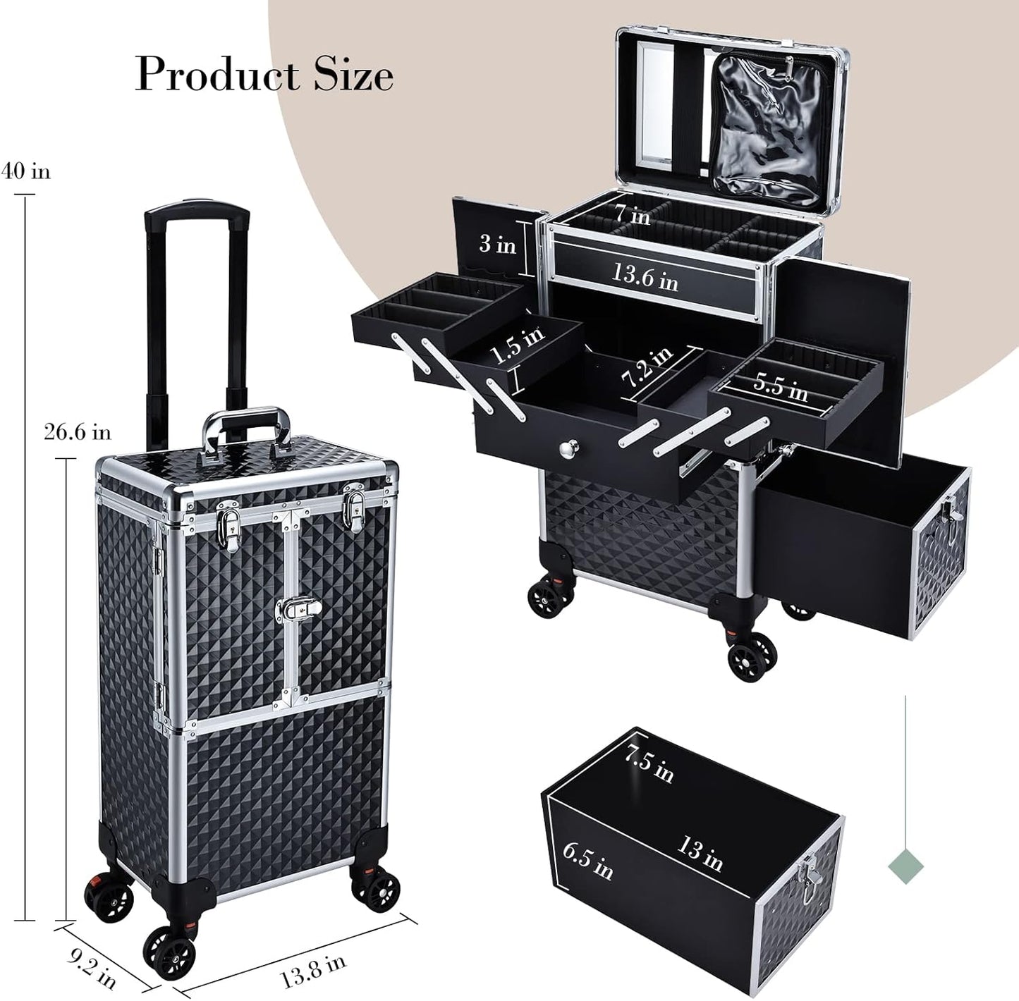 Professional Makeup Artist Rolling  Case Multi-functional Cosmetic  Case